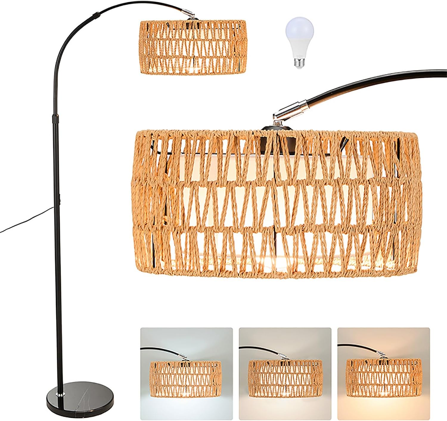 Rattan Floor Lamp for Living Room, Arc Standing Lamps with Foot Switch & Adjustable Hanging, 360  Adjustable Head,Boho Tall Lamp with 3 Color Temperatures, Reading Lamp for Office Bedroom Corner