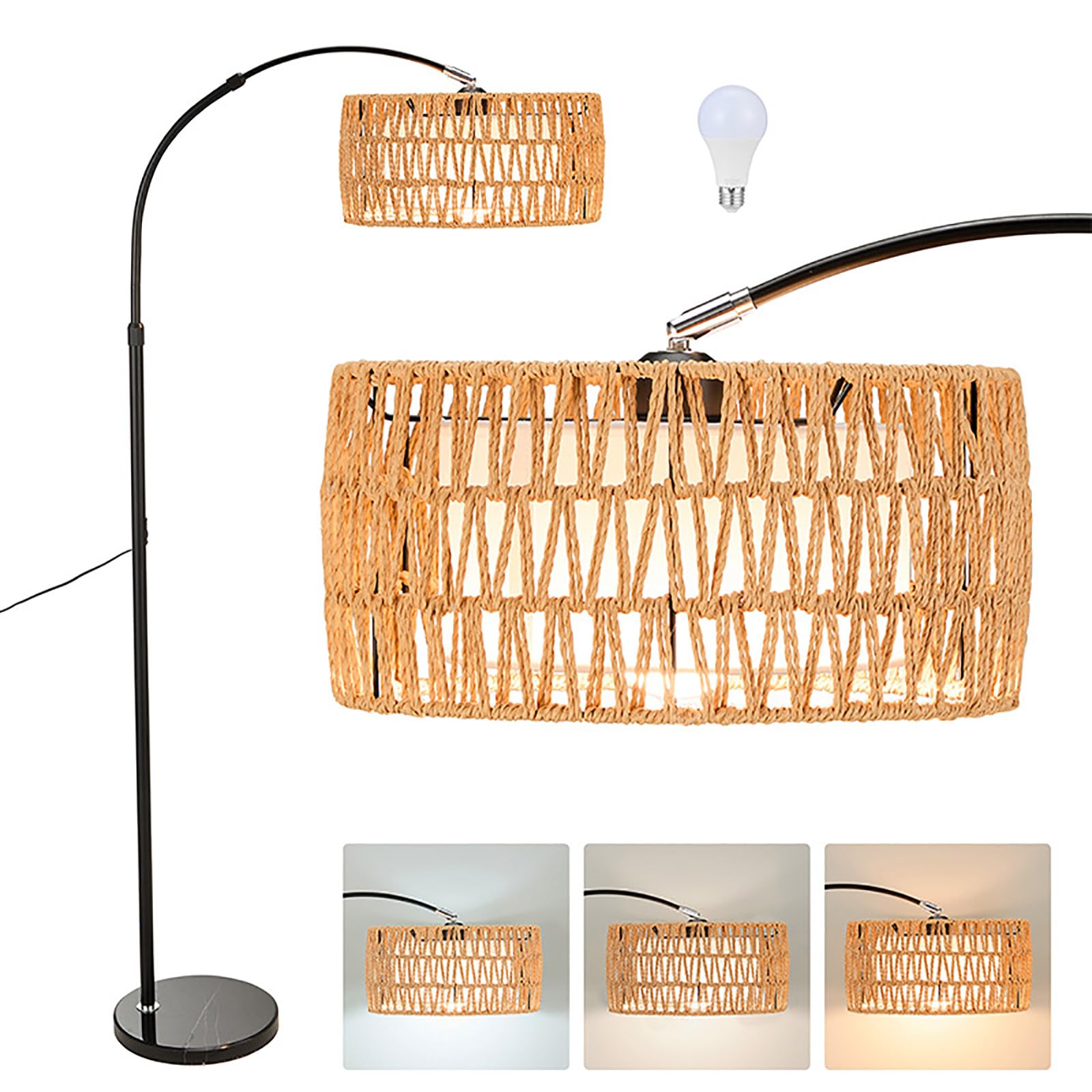 Rattan Floor Lamp for Living Room, Arc Standing Lamps with Foot Switch & Adjustable Hanging, 360° Adjustable Head,Boho Tall Lamp with 3 Color Temperatures, Reading Lamp for Office Bedroom Corner