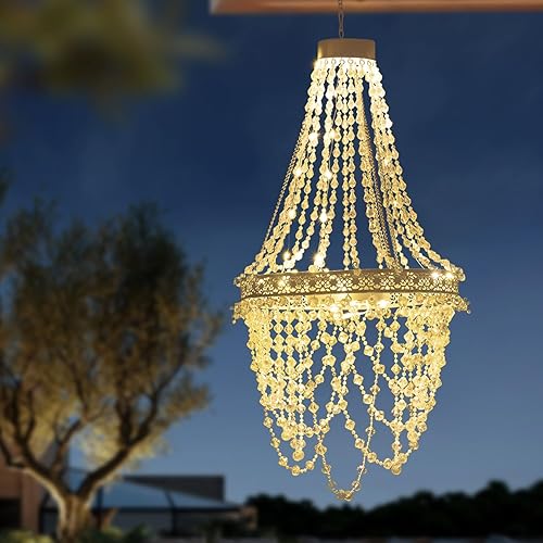 Candelabro solar de cristal acrílico colgante para exteriores, luces decorativas para jardín, potente batería de litio, 54 LED cálidos, fácil de