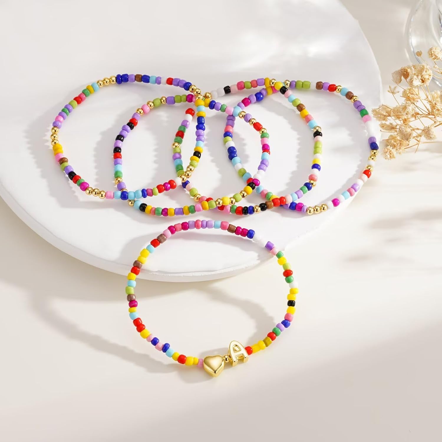 M MOOHAM Valentines Gifts for Kids Girls Her - 5PCS Colorful Beaded Bracelets for Girls, Cute Heart Initial Bracelet Stretch Stackable Bracelets Jewelry Set Valentines Gifts for Kids Teen Girl Women - Image 9