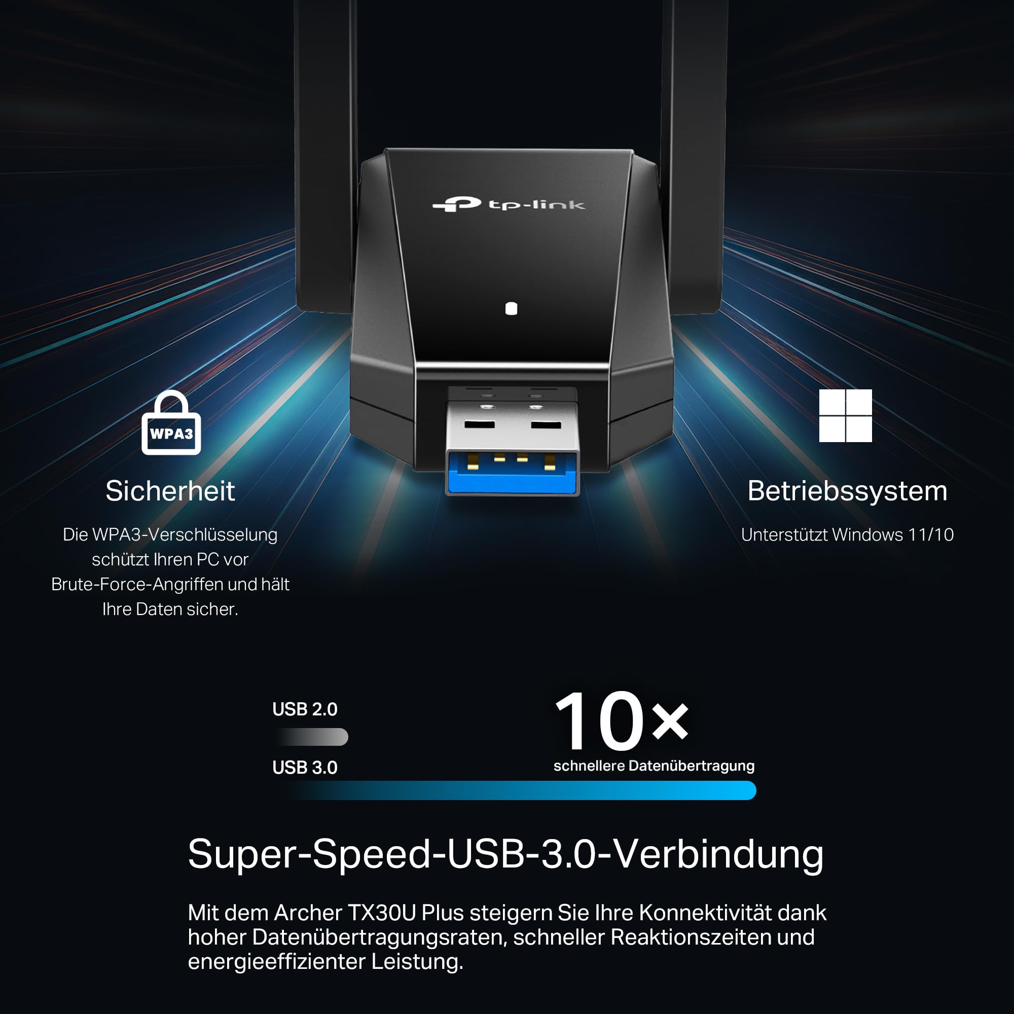 TP-Link Archer TX30U Plus Wi-Fi 6 WLAN Stick Für PC, AX1800 Dual Band Adapter, USB 3.0, MU-MIMO, 2- Hochleistungsantennen, WPA3, Kompatibel mit Windows 11-10
