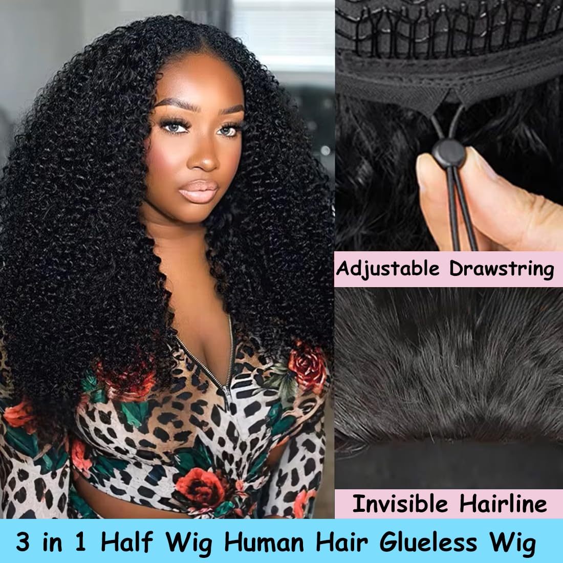 DUAUJUIU 3 in 1 Curly Half Wig Human Hair Kinky Curly Glueless Install Flexible Fit Flip Over Half Wig with Adjustable Elastic Band Invisilbe Hairline Beginner Friendly Drawstring Wigs 24 Inch - Image 2