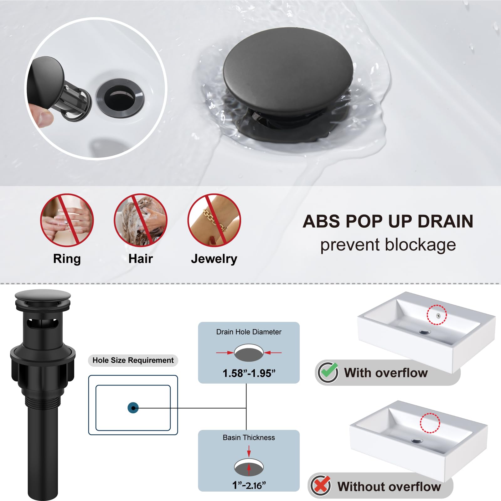 Rubinetto da bagno a cascata, rubinetto monocomando a 1 foro per lavabo, moderno, per camper, bagno, toilette, con scarico a scomparsa e tubi di alimentazione dell'acqua, nero opaco e oro lucido