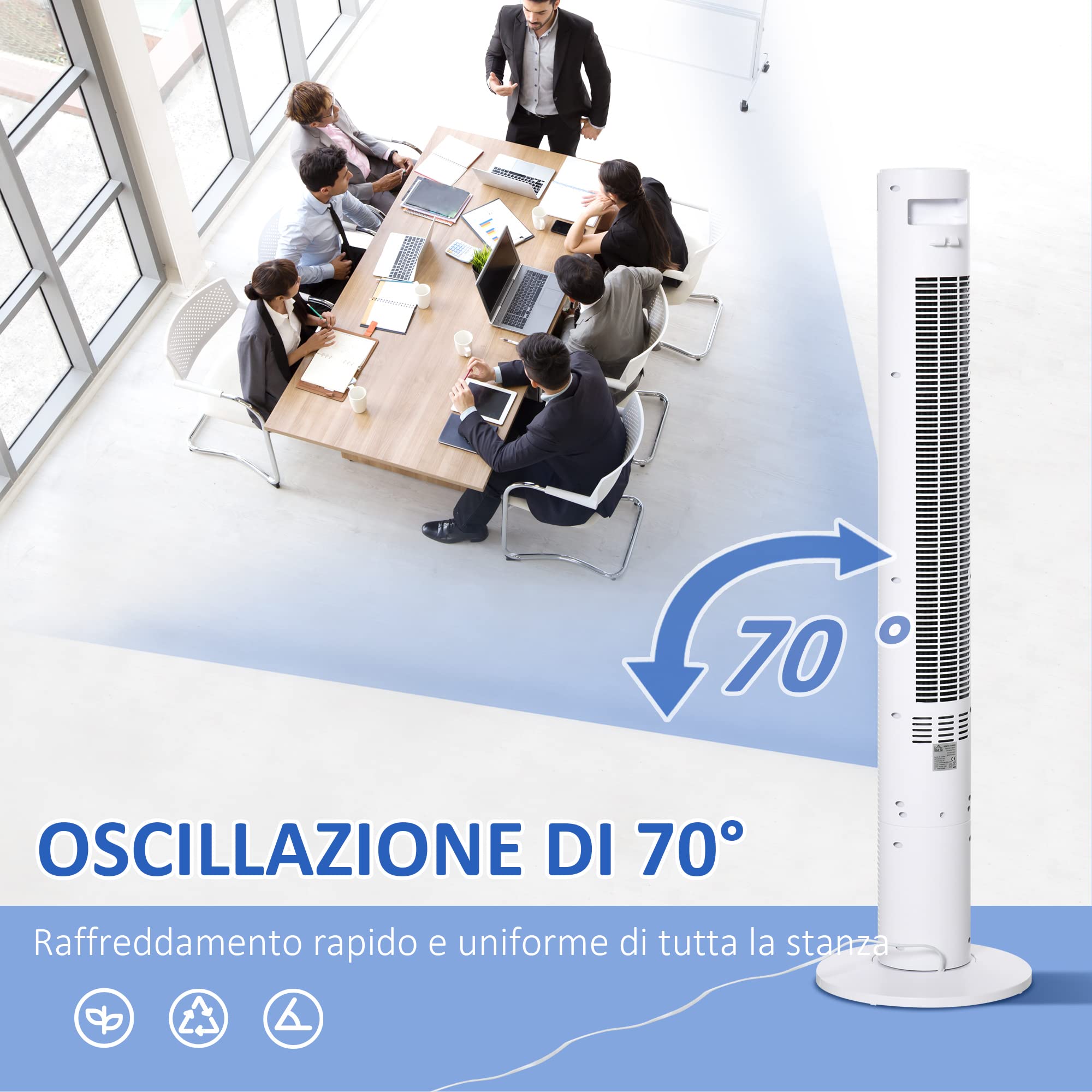 HOMCOM Ventilatore a Torre con 3 Velocità 4 Modalità, 45W, Timer 12h, Ventilatore a Colonna con Oscillazione 70°, Pannello LED e Telecomando, Bianco