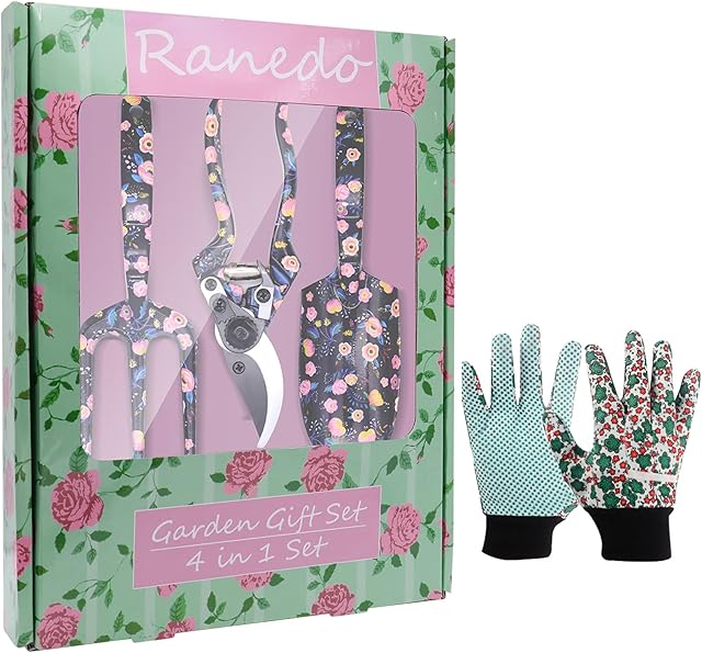 Gardening Gifts for Women, Ranedo Garden Tools Set with Floral Pattern, Secateurs and Gloves Gift Set, Outdoor Floral Gardening Tools for Gardener, Birthday for Mum Women Black