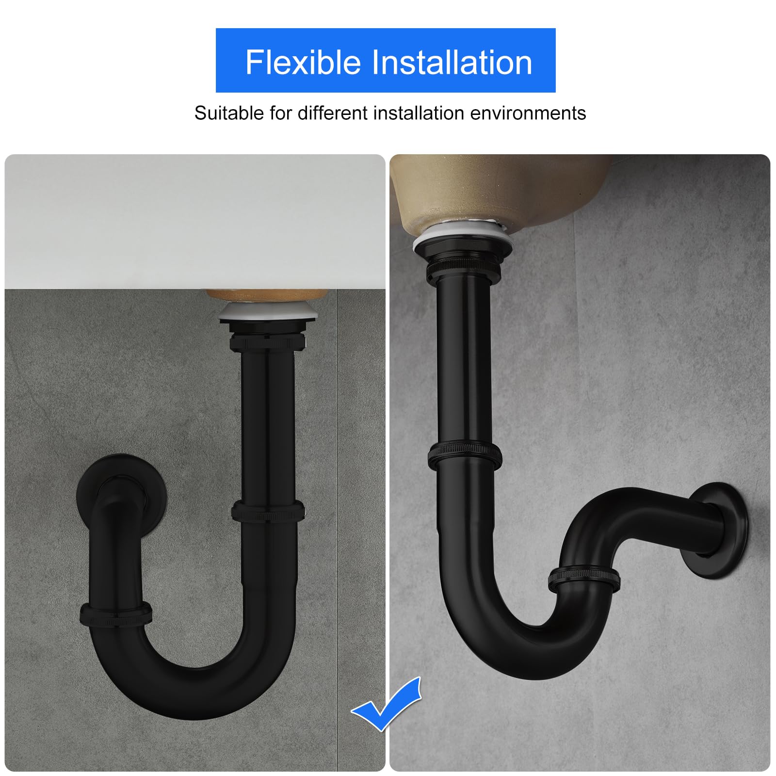 Trampa P de acero inoxidable con tapón para fregadero de baño, juego de trampa de botella de drenaje de fregadero de 1-1/4 sin desbordamiento, altura ajustable, kit completo de fontanería para