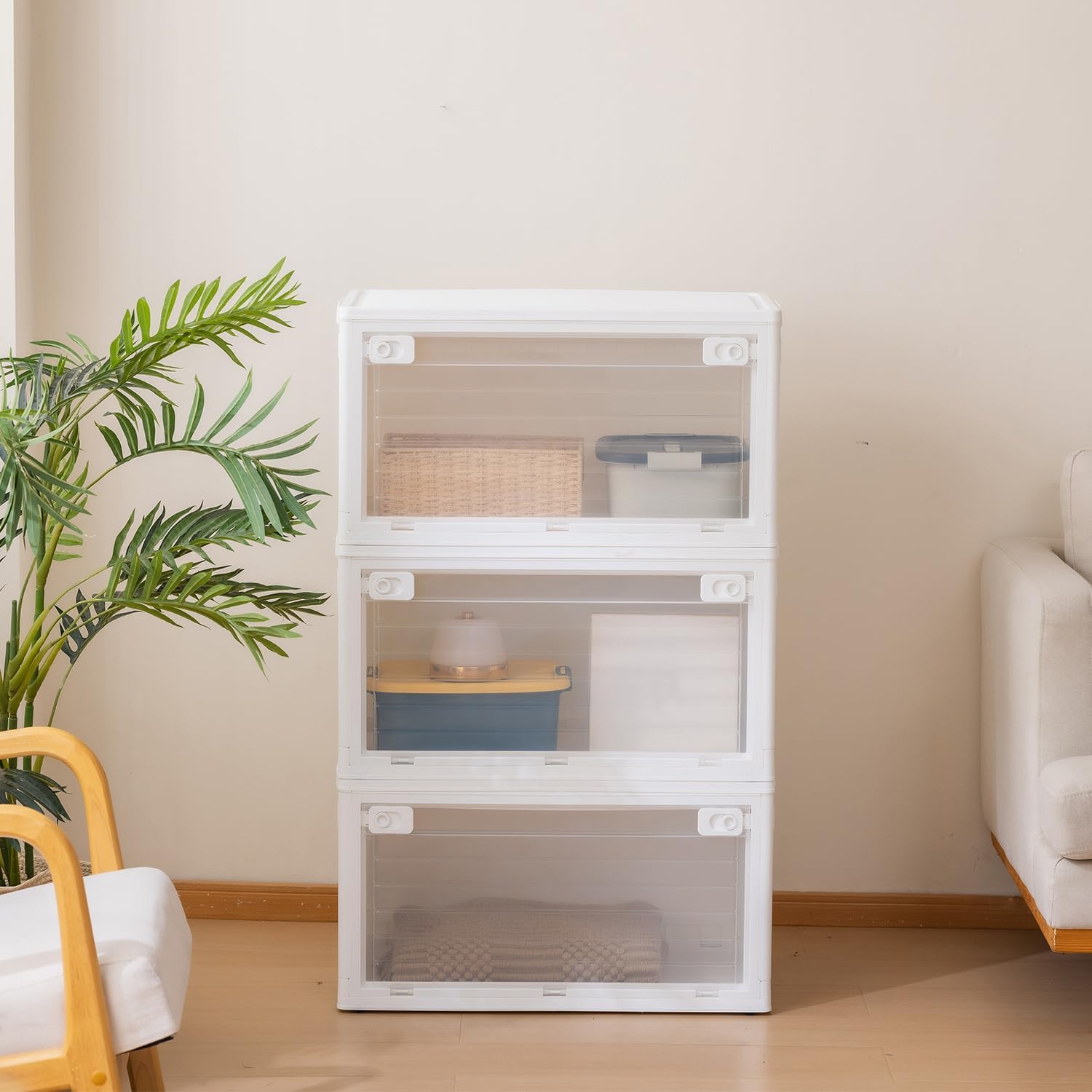 101QT Plastic Stackable Storage Bins, 4 Pack Collapsible Plastic Storage Bins with Lid, Doors & Wheels, for Closet Bedroom, White