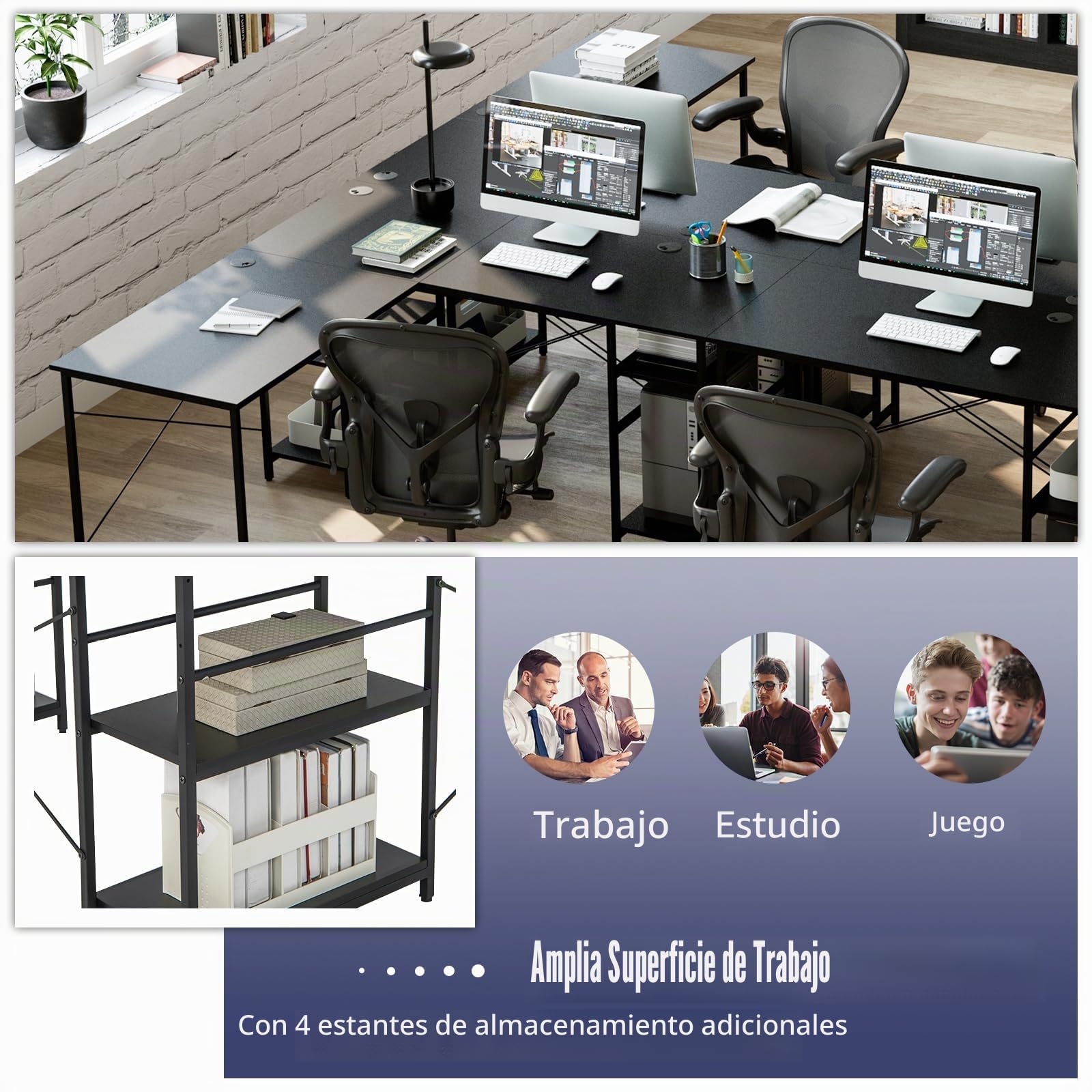 GOPLUS - Escritorio Industrial de Esquina Con Estantes de Almacenamiento, de Madera de 29 m Para 2 Personas, Grande Para Ordenador de Juegos Con Estación