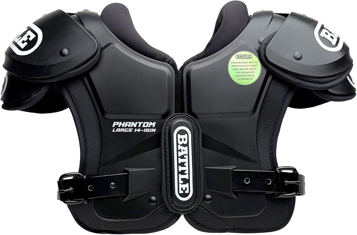 Hombreras de fútbol Phantom de Battle Sports | La tecnología de ballesta absorbe los impactos, Placa moldeada para el pecho, Protector permanente del esternón, Rollo de espuma de amplia cobertura para el cuello.