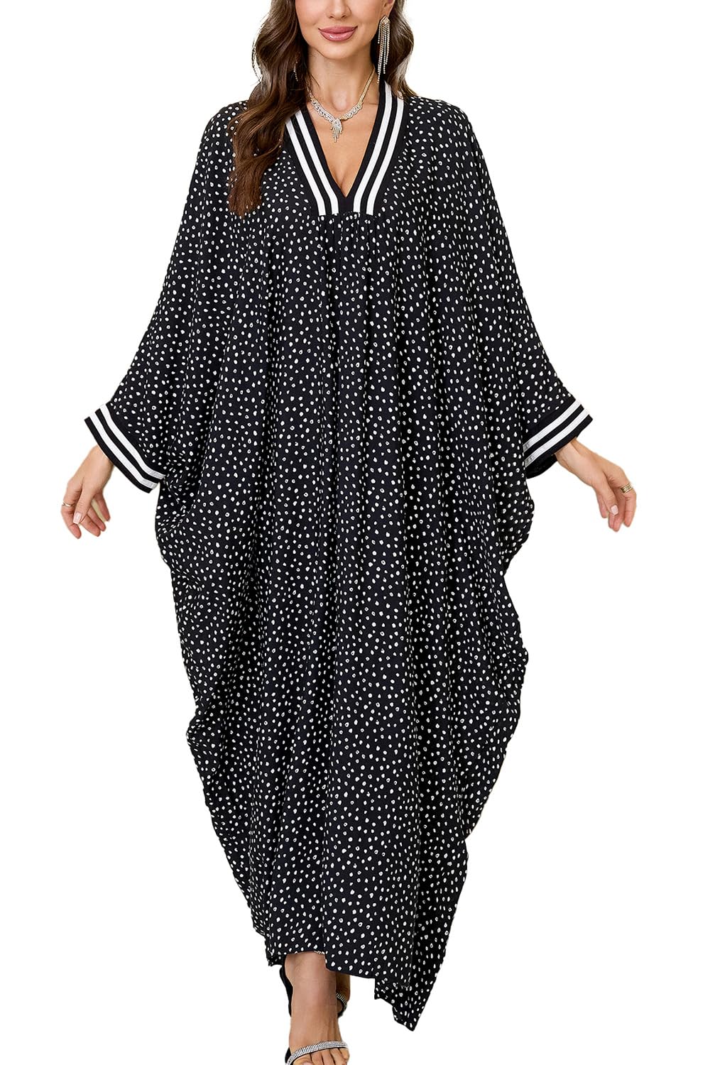 Youkd Women's White Black Summer Kaftan Maxi Bohemian Dress Beach Bikini Coverup Robe Long Kimono One Piece