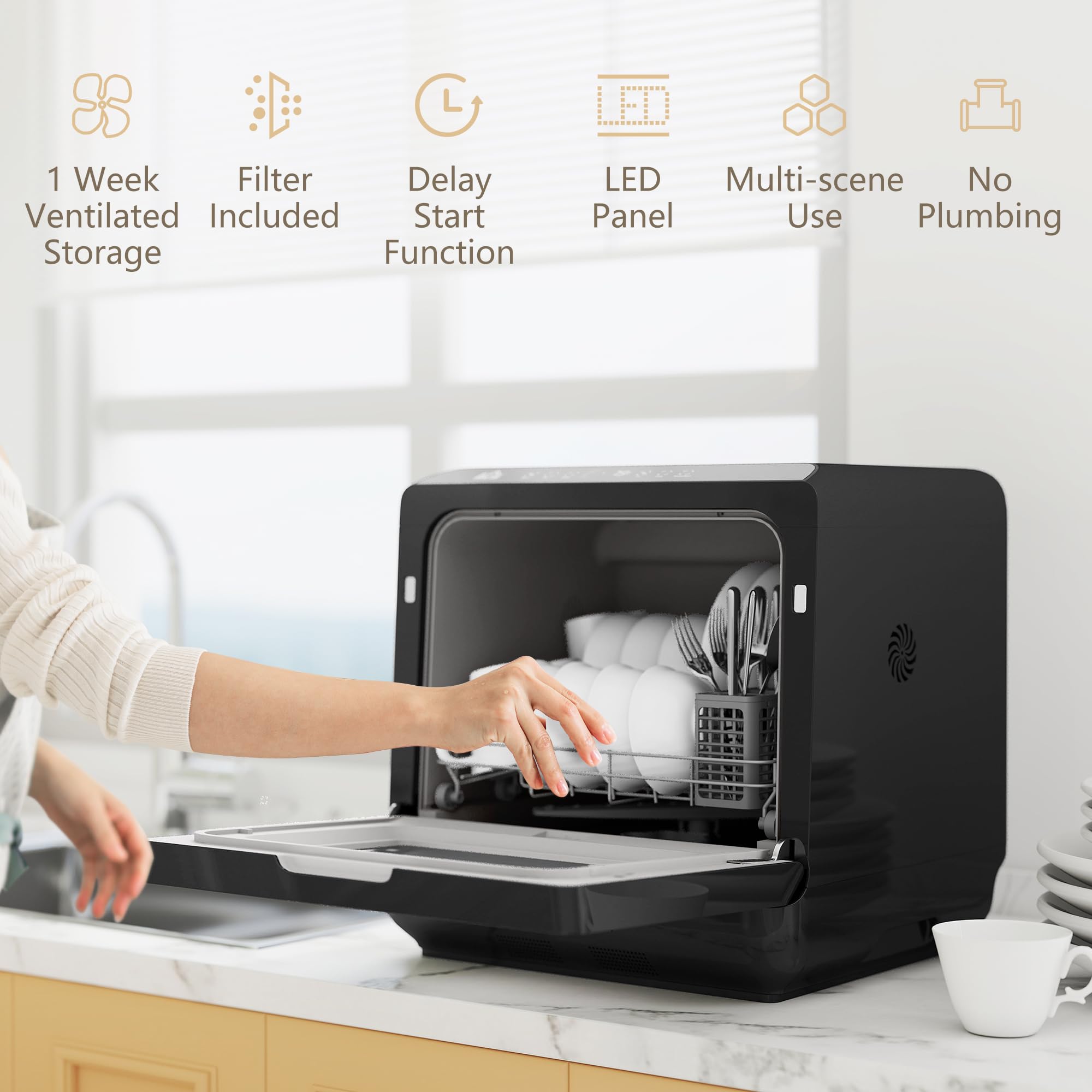 HOMCOM Table Top Dishwasher, Mini Countertop Dishwasher No Plumbing with Built-in 6L Water Tank, 6 Programs, Touch Control, LED Display, 4 Place Settings, Dual Water Supply and Fruit Wash, Black — view 8