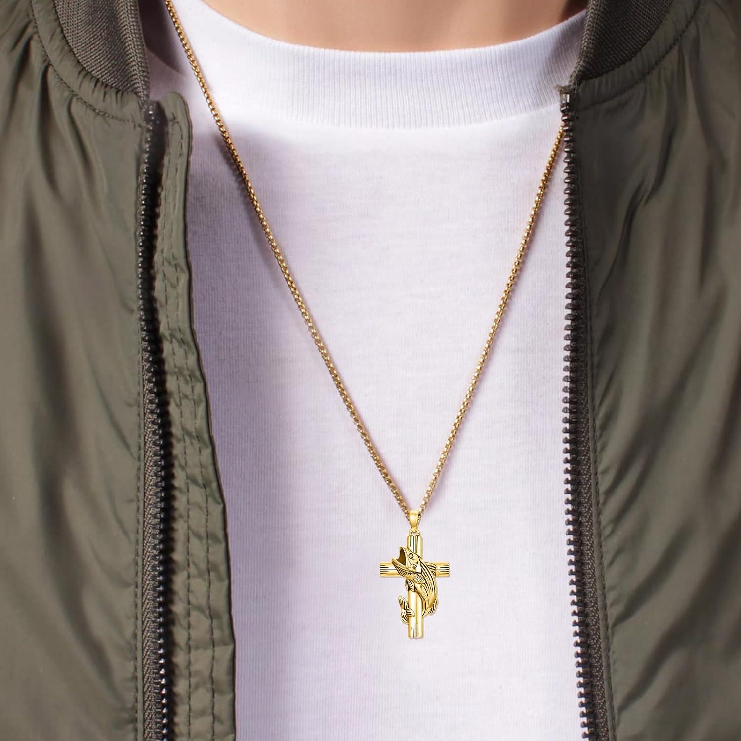 Cross Necklace for Men - 925 Sterling Silver Cross Deer Antler Fish Hook Pendant - Hunting Jewelry Gifts 22+2