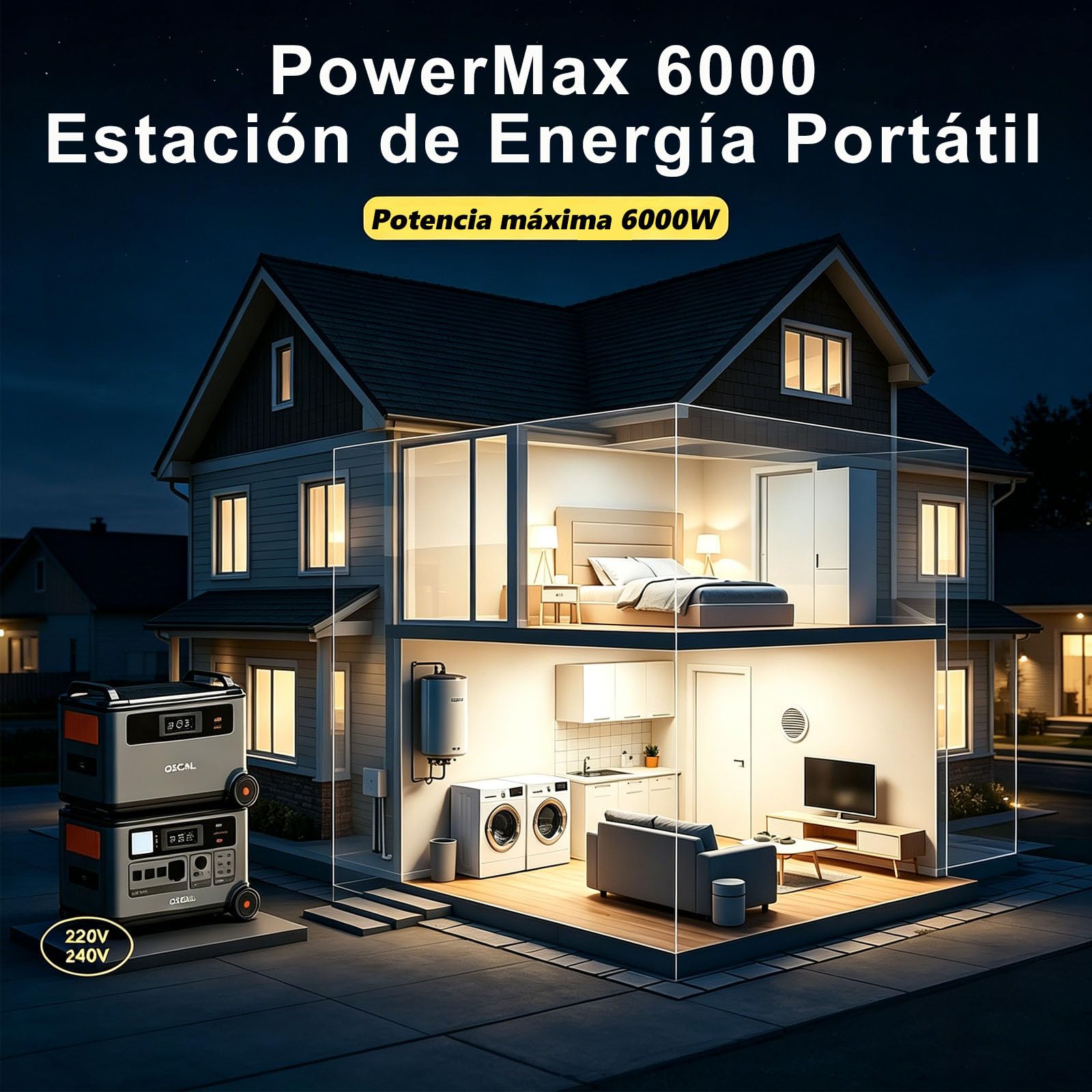 Estación de Energía Portátil PowerMax 6000, 3600Wh/7200Wh Batería LiFePO4, Generador Solar 6000W (9000W Pico), Carga Rápida 0-80% en 90 Min, para Camping, Autocaravana y Corte de Luz (3600Wh+400W)