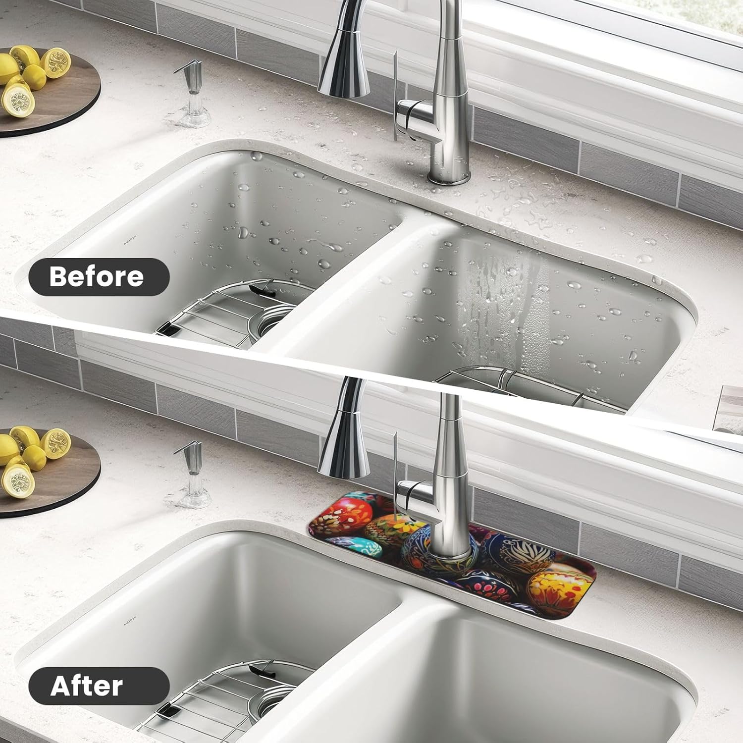 Faucet Mat for Kitchen Sink, Super Absorbent Sink Splash Guard, Fast Drying Mat Colorful Hand Painted Easter Eggs Sink Gadgets Splash Guard Behind Faucet Drip Catcher for Bathroom, 15"x 5.5" image 4