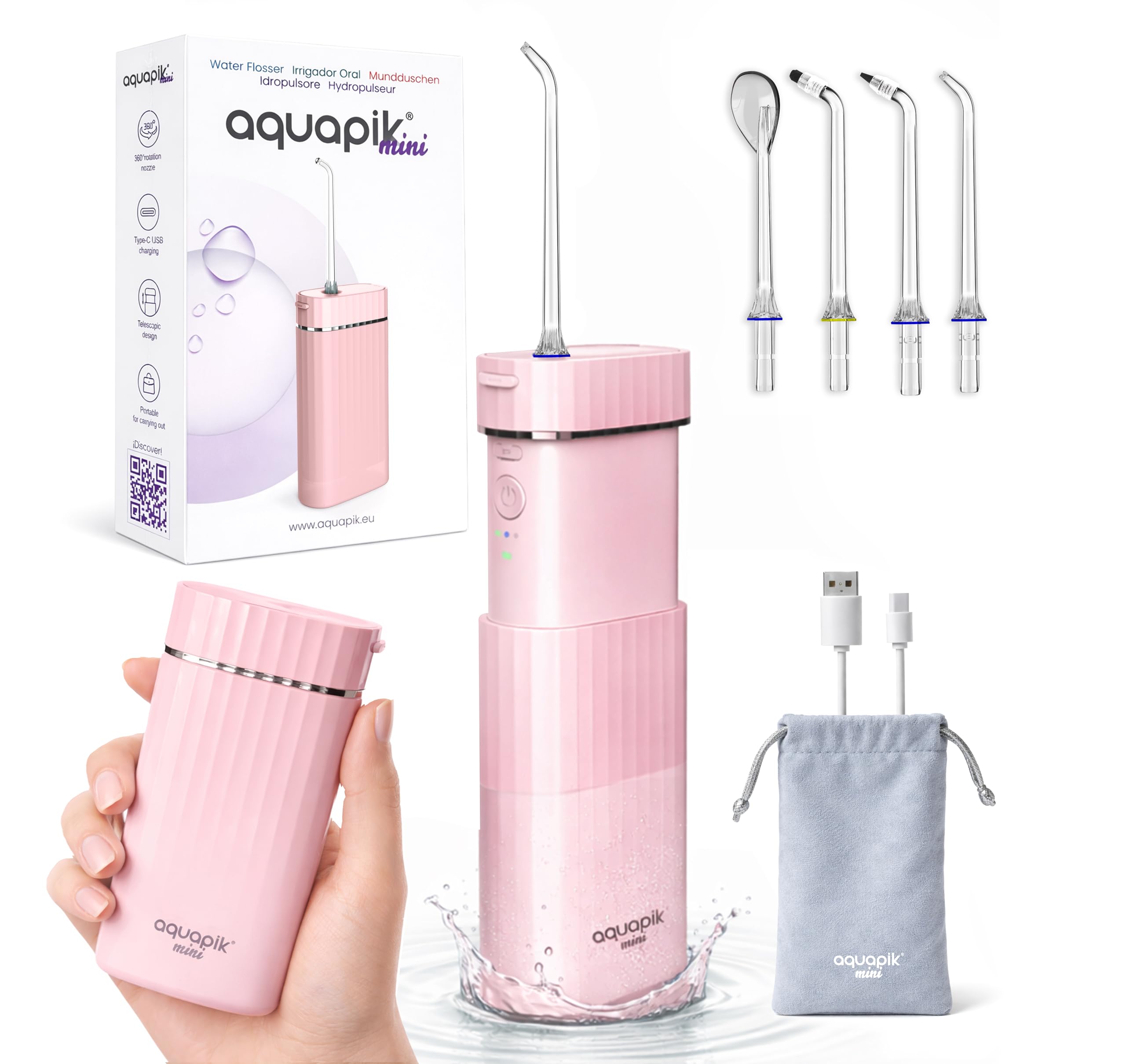Aquapik® Mini Irrigador dental portátil 200 ml con tanque telescópico recargable USB tipo C, 3 modos de presión impermeable IPX8, fácil de llevar ideal para viajes y oficina, limpieza dental profunda.