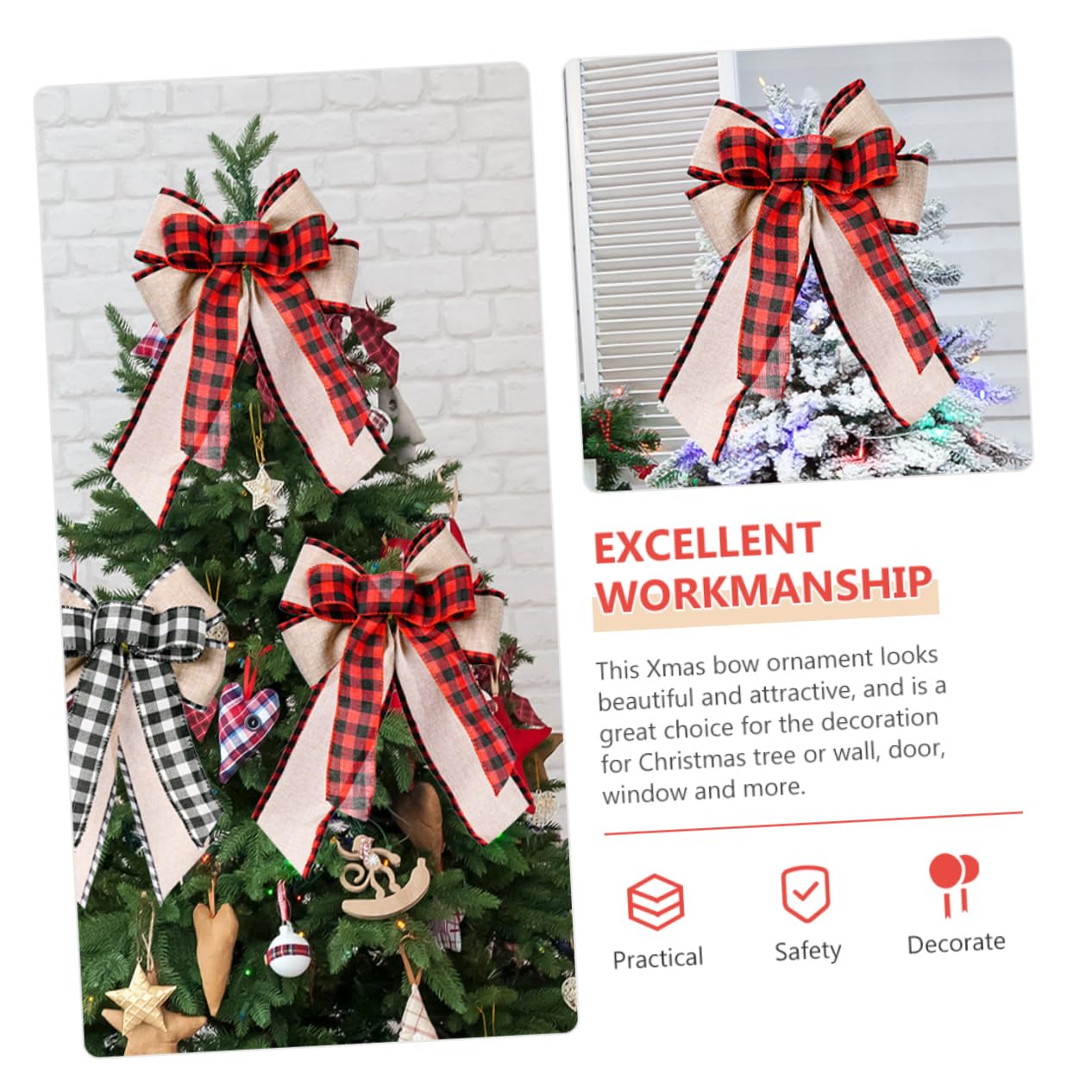 Cabilock 4 Sätze Karierte Schleife Weihnachtsbaumspitze Schleife Weihnachtsfenster Haftet Weihnachtsdekoration Drinnen Weihnachtskranzverzierung Weihnachtstürbögen Leinen- 4 Stück * 4