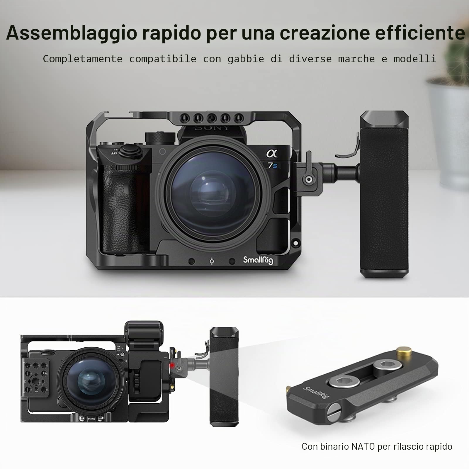 SMALLRIG Maniglia NATO Rotante (Lato Sinistro), Impugnatura a Sgancio Rapido per Kit Gabbia Fotocamera DLSR, con Binario NATO Integrato - 3260