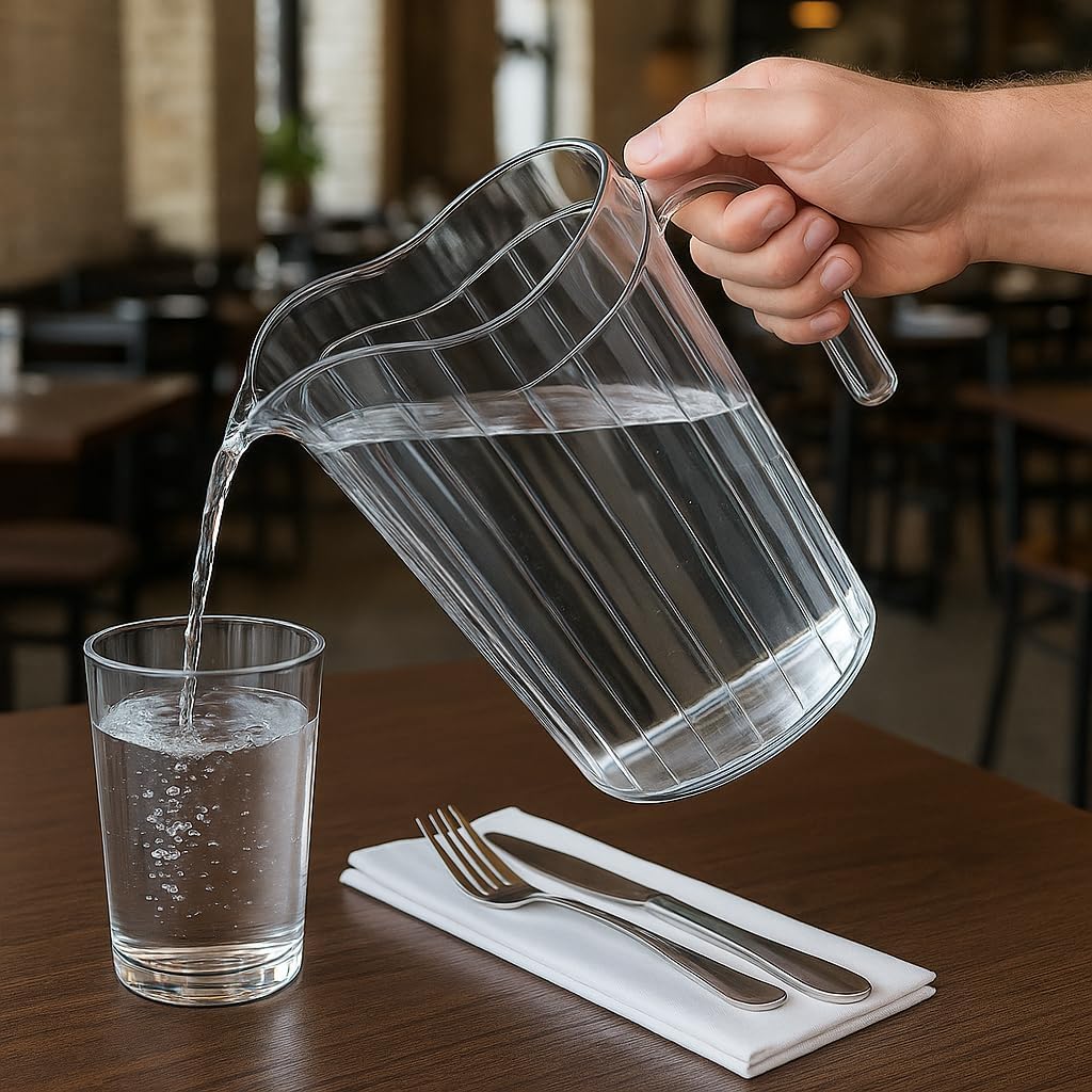 DecorRack 24 Pack - 75 oz Polycarbonate Plastic Pitcher Beverage Dispenser with Pour Spout Shatterproof Catering and Restaurant Serveware for Cold Drinks, Water, Lemonade, Beer, and Sangria (24 Pack)