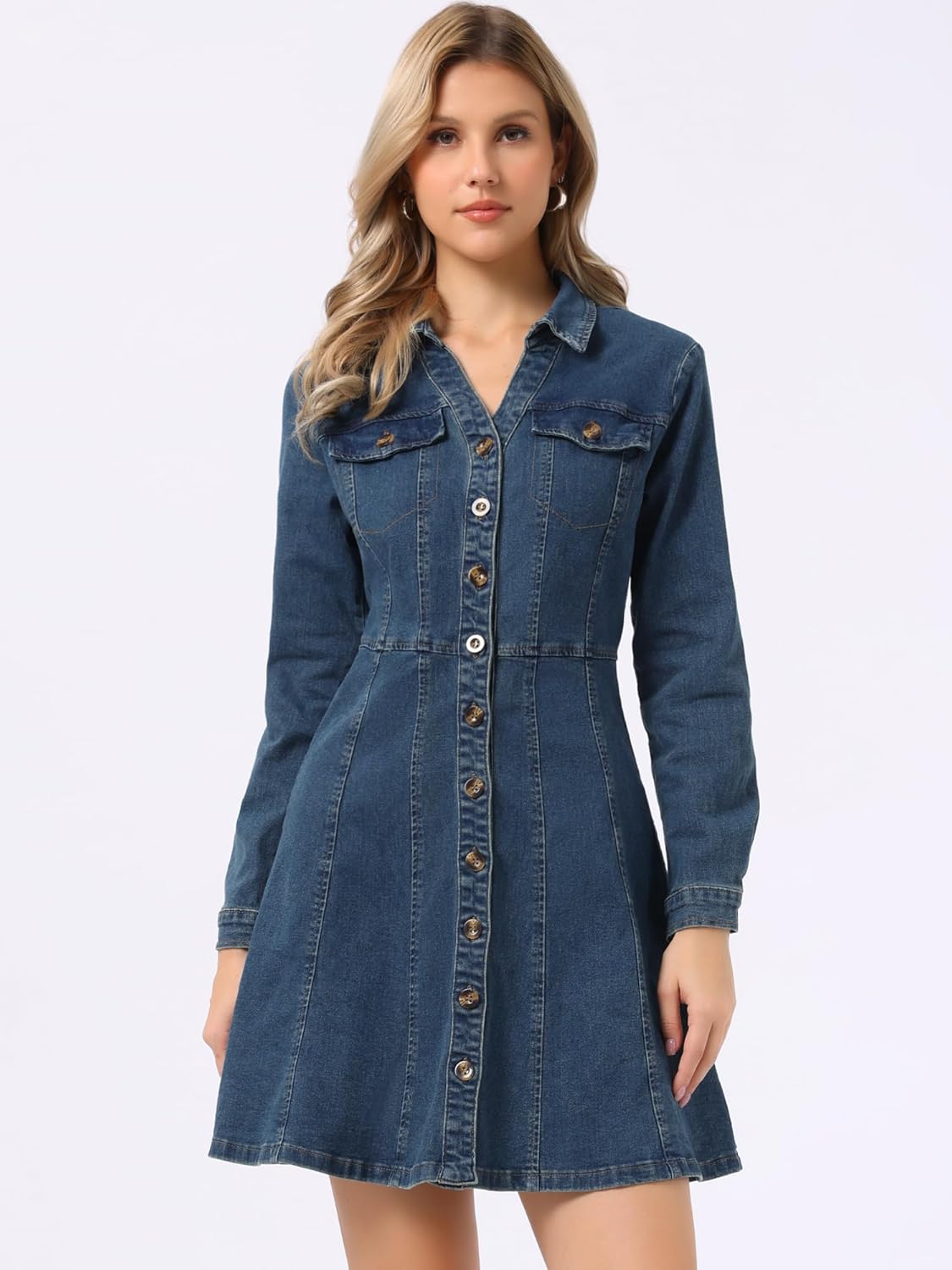 Allegra K Women's Denim Dress Button Down Collar V Neck Long Sleeve A-line Cotton Jean Dress - Image 5