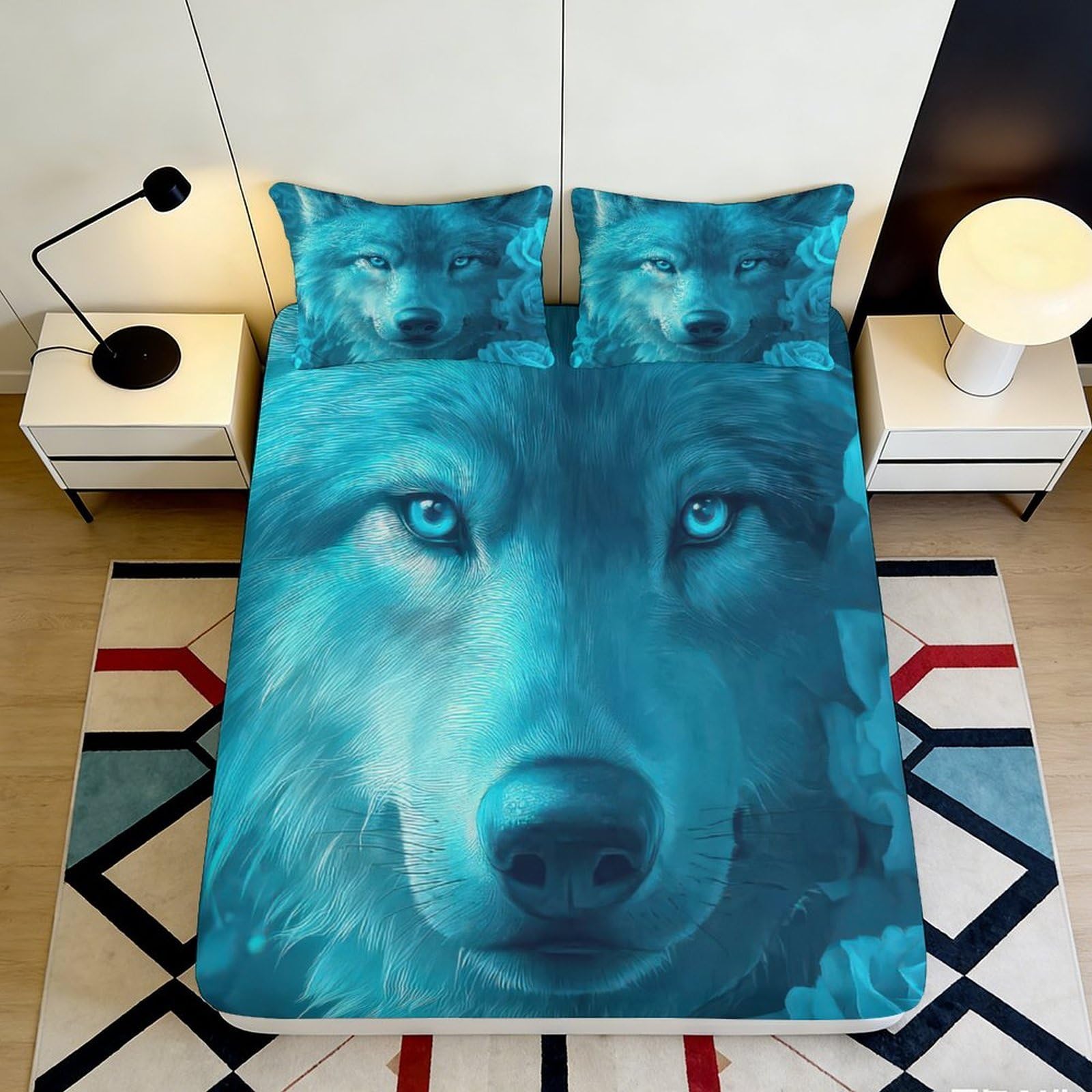 Stylish wolf motif 3D Printed Fitted Sheet, soft touch Microfiber, wrinkle resistant, guest room bedding, home decor accent, easy care 90x200x25cm