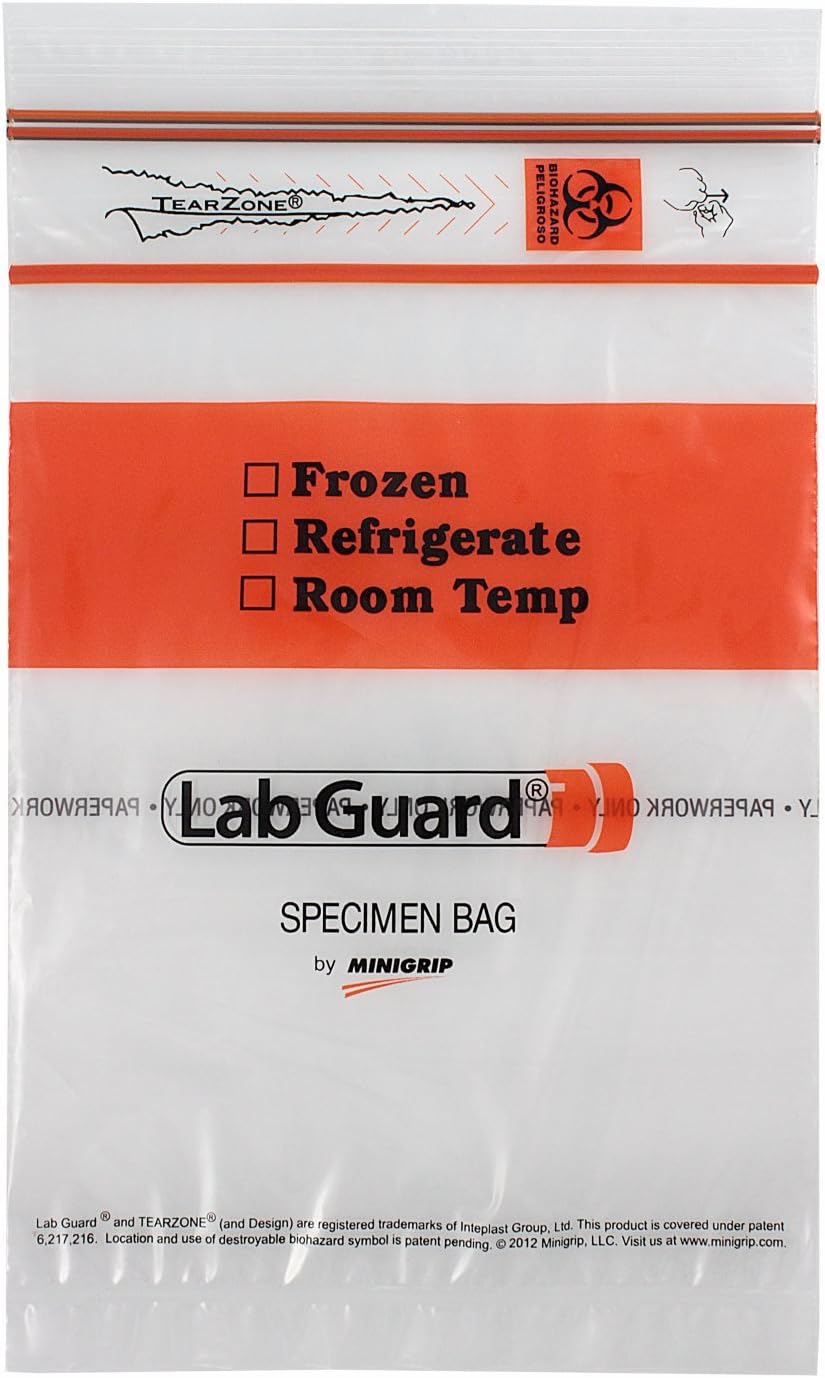 Lab Guard SBL2X69B5 Polyethylene (lDPE/IIDPE Blend) Specimen Bag with TearZone Destroyable Biohazard Symbol (Pack of 1000),Clear