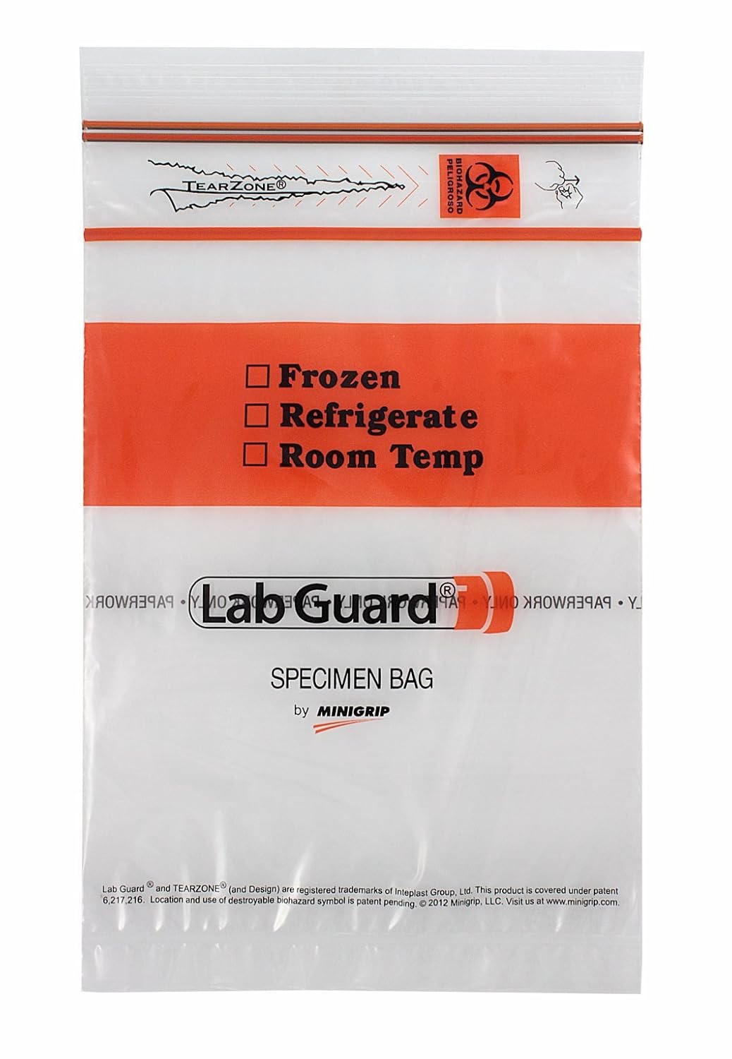 SBL2X69B5 Polyethylene (lDPE/IIDPE Blend) Specimen Bag with TearZone Destroyable Biohazard Symbol (Pack of 1000),Clear
