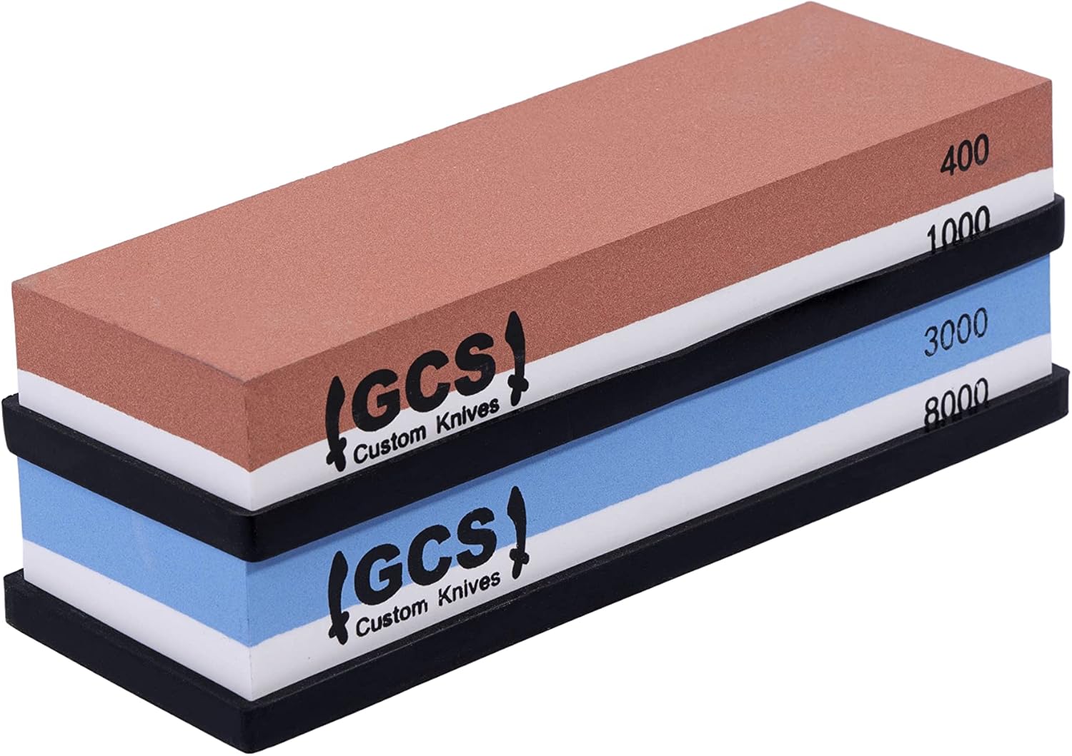 GCS Knives Sharpening Stone Set Dual Grit Whetstone 400/1000 3000/8000 Waterstone Set - Kitchen Knife Sharpener Wet Stones Kit - Flattening Stone, Angle Guide, Leather Strop, Cut Resistant Gloves