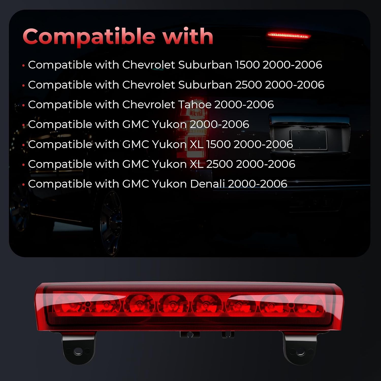 Replacement LED Third High Mount Brake Light with Cargo Light Red Color Compatible with Chevy Tahoe Suburban 1500/2500 GMC Yukon 1500/2500 2000-2006 Replaces 15170955 923-203 GM2890107
