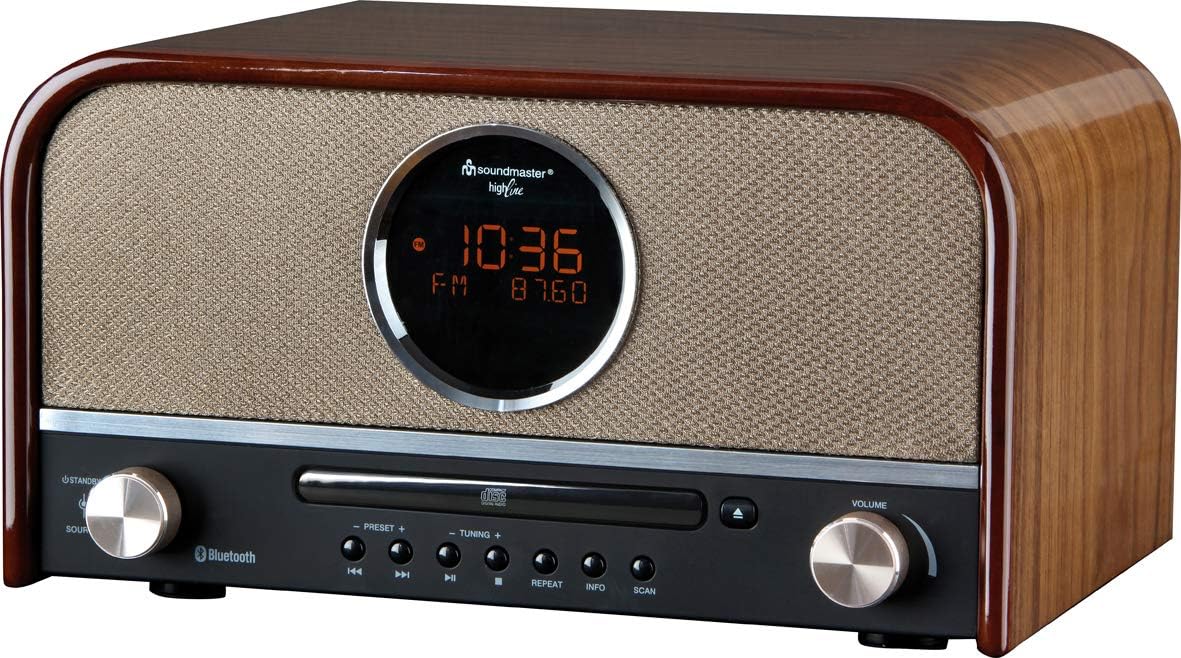 soundmaster NR850 Wooden Retro FM / DAB / DAB + Radio with CD Player, Bluetooth and Built In Powerful Speakers (Gloss Brown Walnut Wood)