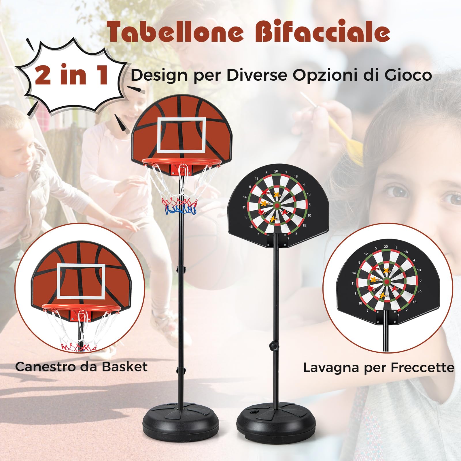 GYMAX Canestro da Basket 2 in 1 con Freccette Bersaglio e 6 Freccette, Altezza Regolabile, Base Riempibile, Supporto per Basket per Uso Interno ed Esterno, Adatto a Bambini 8+ Anni