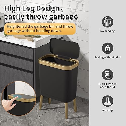 Miniatura 8 de Procade Paquete de 2 cubos de basura blancos con tapa, cubo de basura de baño con borde dorado, cubo de basura estrecho y moderno para dormitorio,