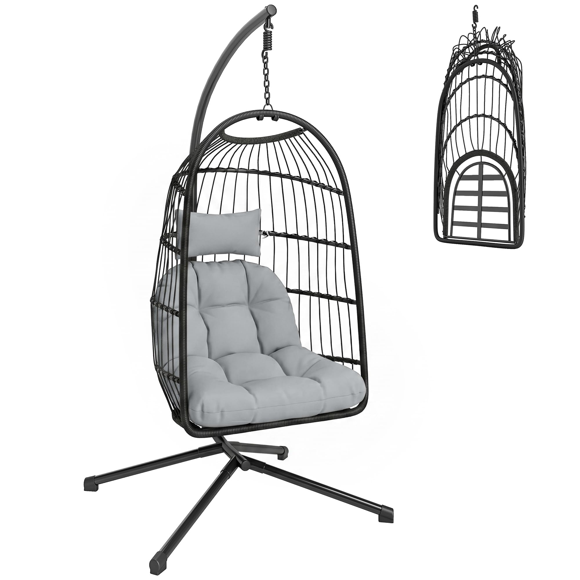 Outsunny Fauteuil Œuf Suspendu Pliable avec Support - Balançoire de Jardin avec Coussin 15cm et Appui-tête - Chaise Suspendue Intérieure et Extérieure, Nacelle Pliable Gain de Place, Noir et Gris
