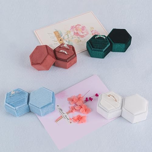 Miniatura 6 de Smileshe Caja para anillos, cajas de joyería de terciopelo para propuesta, compromiso, ceremonia de boda, caja hexagonal con ranura de doble anillo