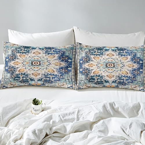 Miniatura 5 de Erosebridal Juego de ropa de cama bohemio tamaño King, funda de edredón con mandala azul turquesa para hombres y mujeres, funda de edredón retro