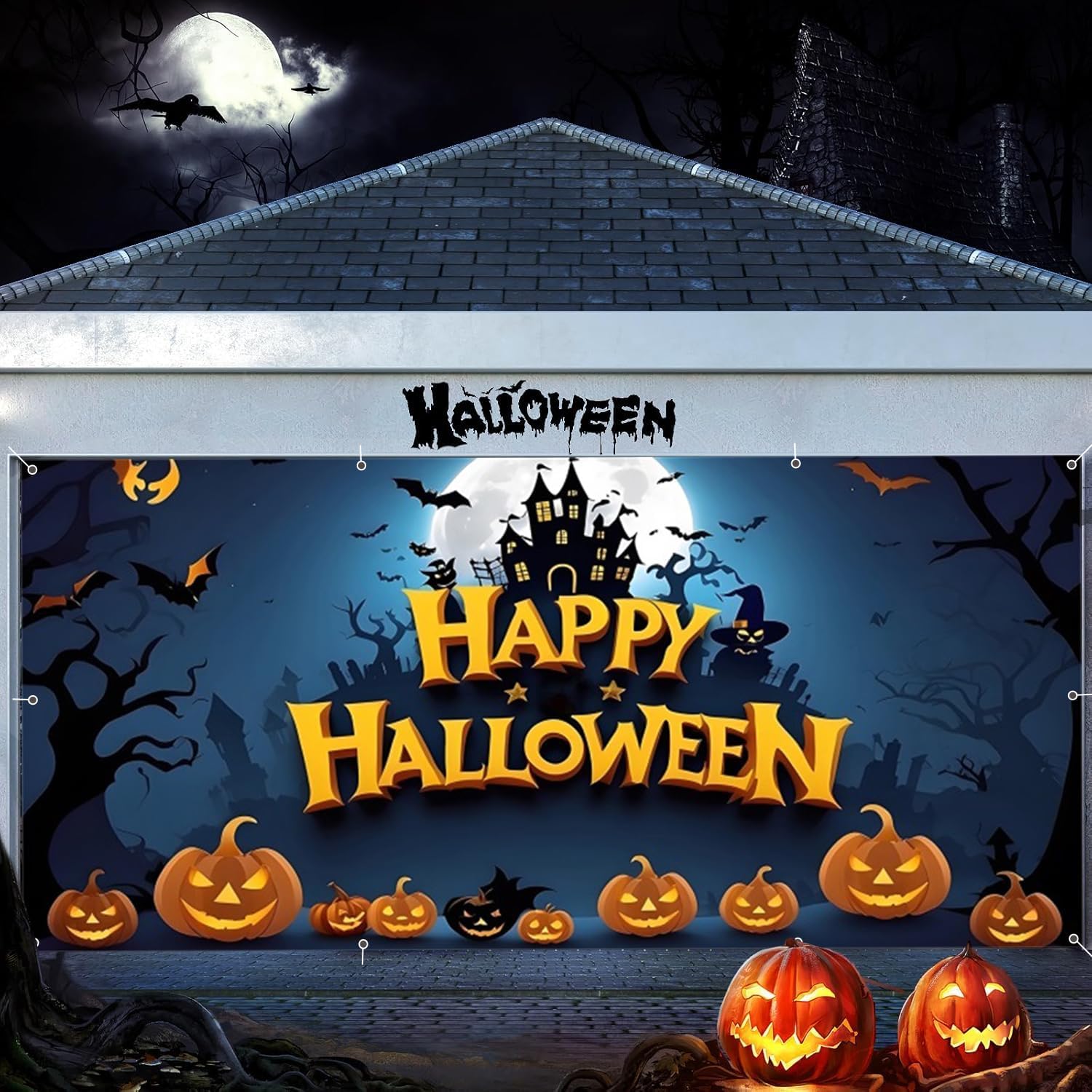 Halloween Garage Door Decorations 7x16ft Large Halloween Garage Door Cover Full Moon Night Scary Bats Pumpkin Lantern Ghost Castle Backdrop Decoration Indoor Outdoor Wall