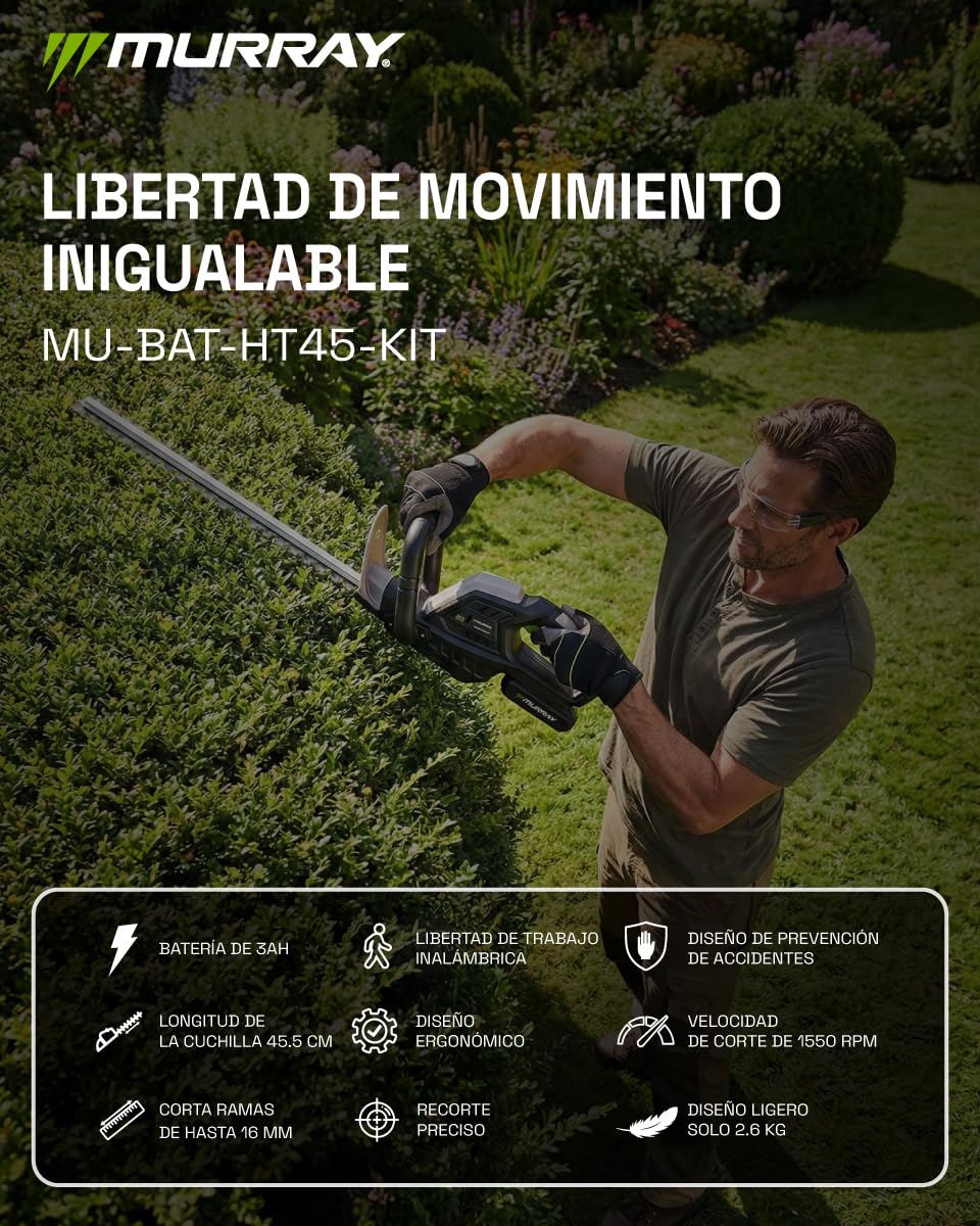 Murray Cortasetos Inalámbrico 20V MU-BAT-HT45-KIT – Cortasetos sin Cable con Cuchilla de Acero de 45,5 cm – Doble Interruptor de Seguridad, Corte 16 mm – 1550 RPM para Setos Precisos