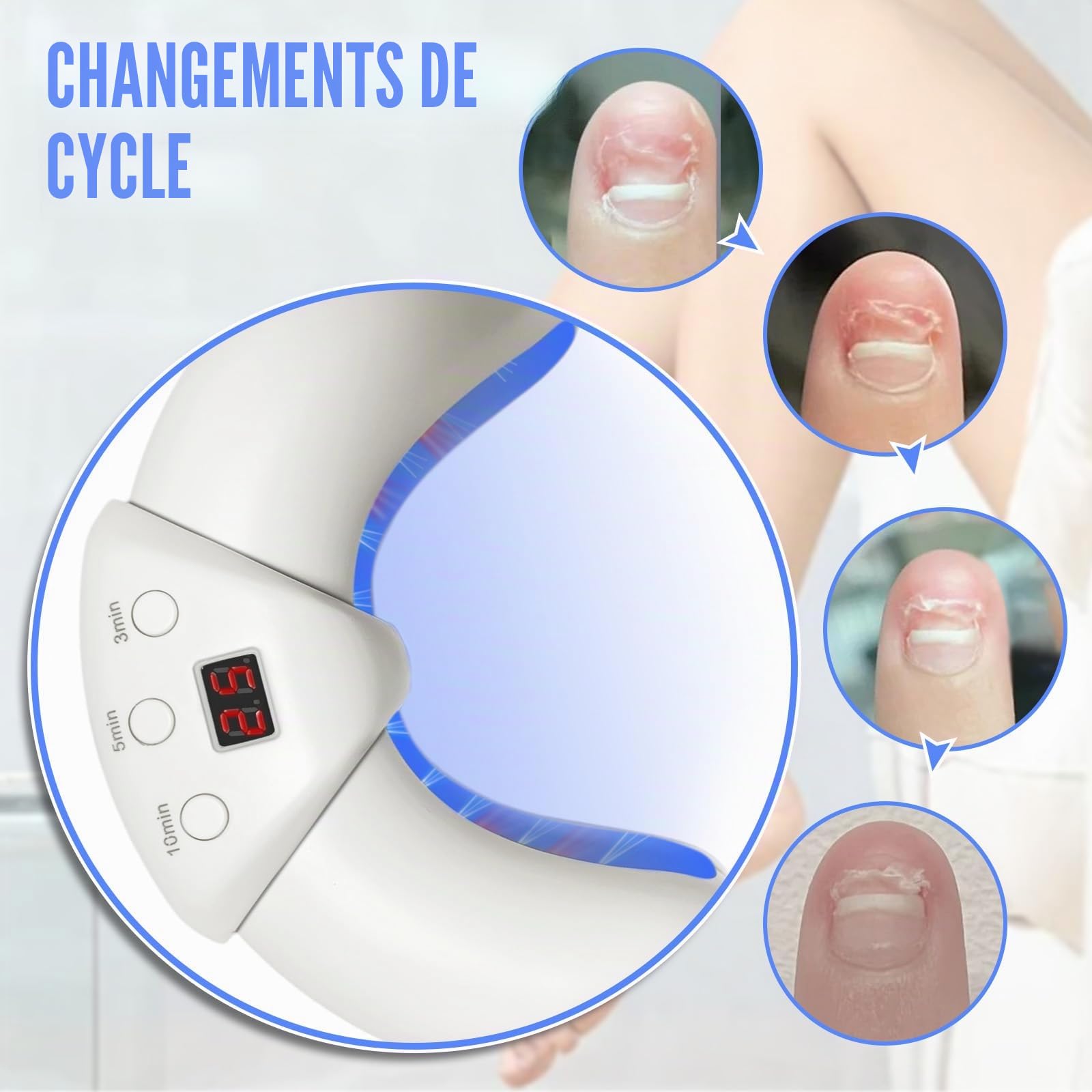 Appareil de traitement laser contre les champignons des ongles - 22 LED - Rechargeable - 470 nm - 910 nm - Haute efficacité - Pour ongles des doigts et des pieds (Gris et blanc)