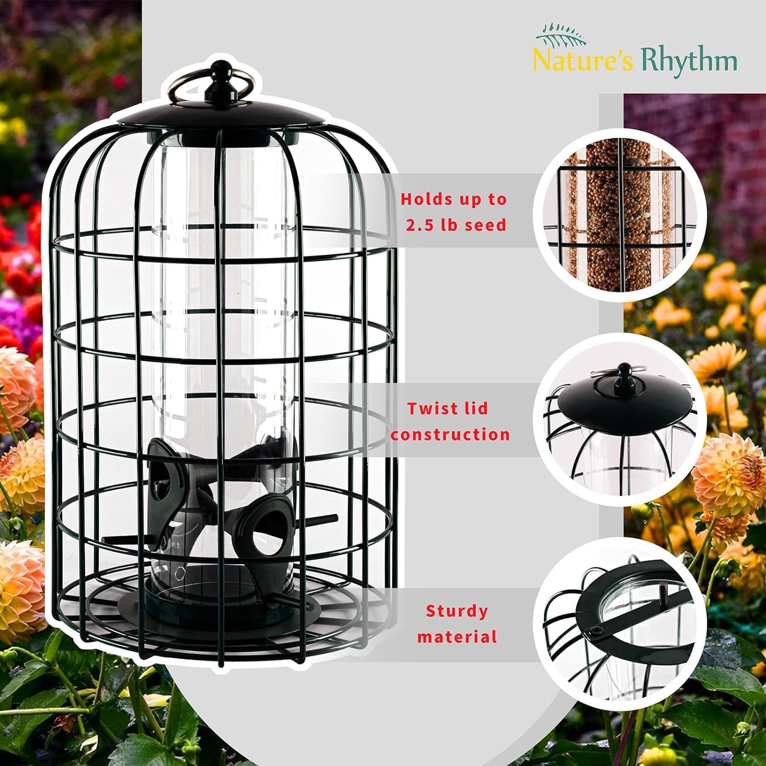 Nature's Rhythm Outdoor Hanging Bird Feeder Cage PC Tube Squirrel Proof Wild Bird Feeder with Large Metal Seed Guard Deterrent - Image 3