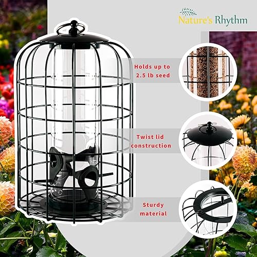 Miniatura 9 de Nature's Rhythm Jaula de comedero para pájaros colgantes al aire libre, tubo de PC, a prueba de ardillas, comedero de aves silvestres con protector