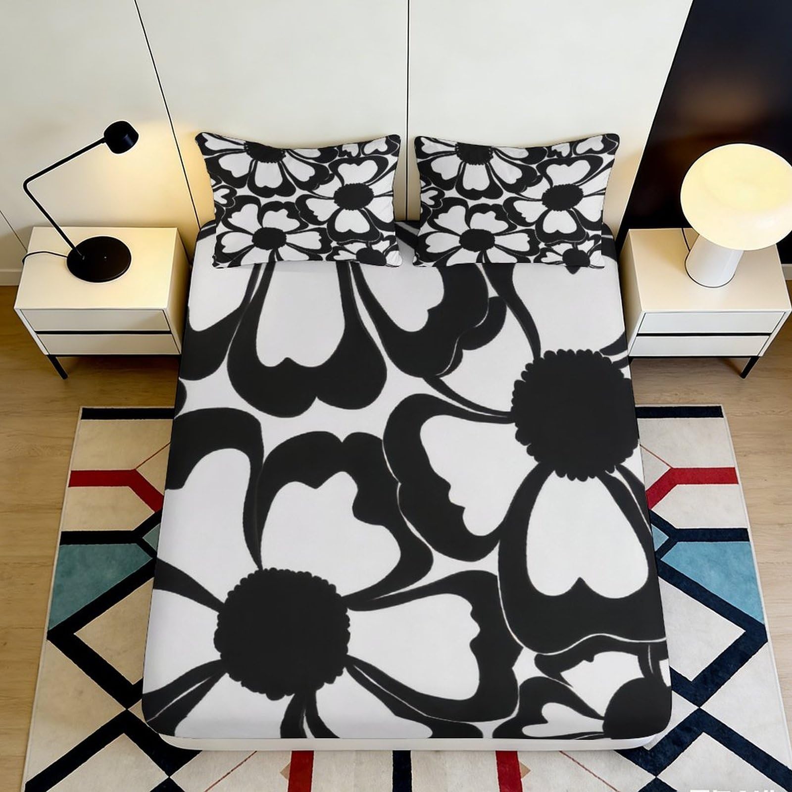 Jqzkxnhpbr Style-2 3D Printed Monochrome Floral Fitted Sheet Microfiber Black White Abstract Mattress Cover For Bedroom Guest Room Home Decor 90X200x25cm