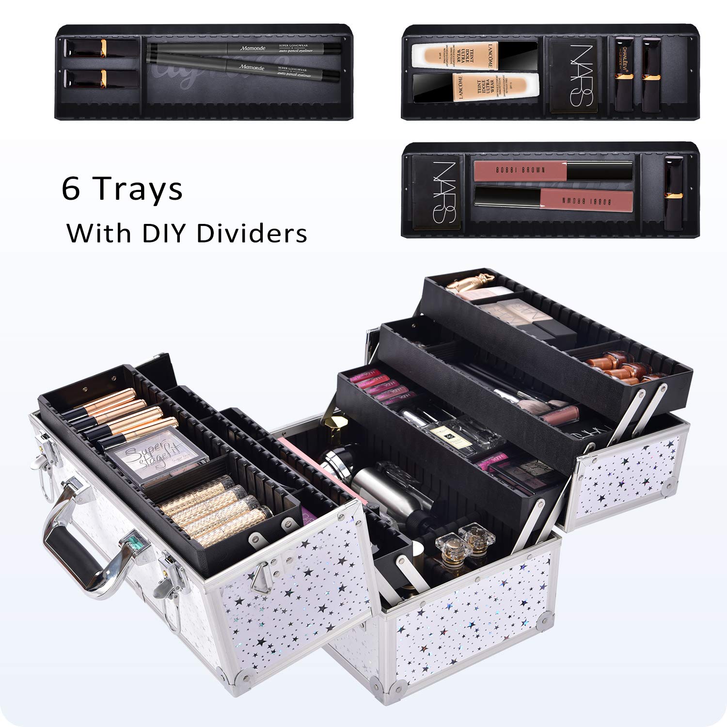 Joligrace Professional Cosmetic Makeup Train Case Star Design 14 Inch Large 6 Trays with Adjustable Dividers and Compartments Travel Storage Organizer Box with Lock and Keys : Beauty & Personal Care