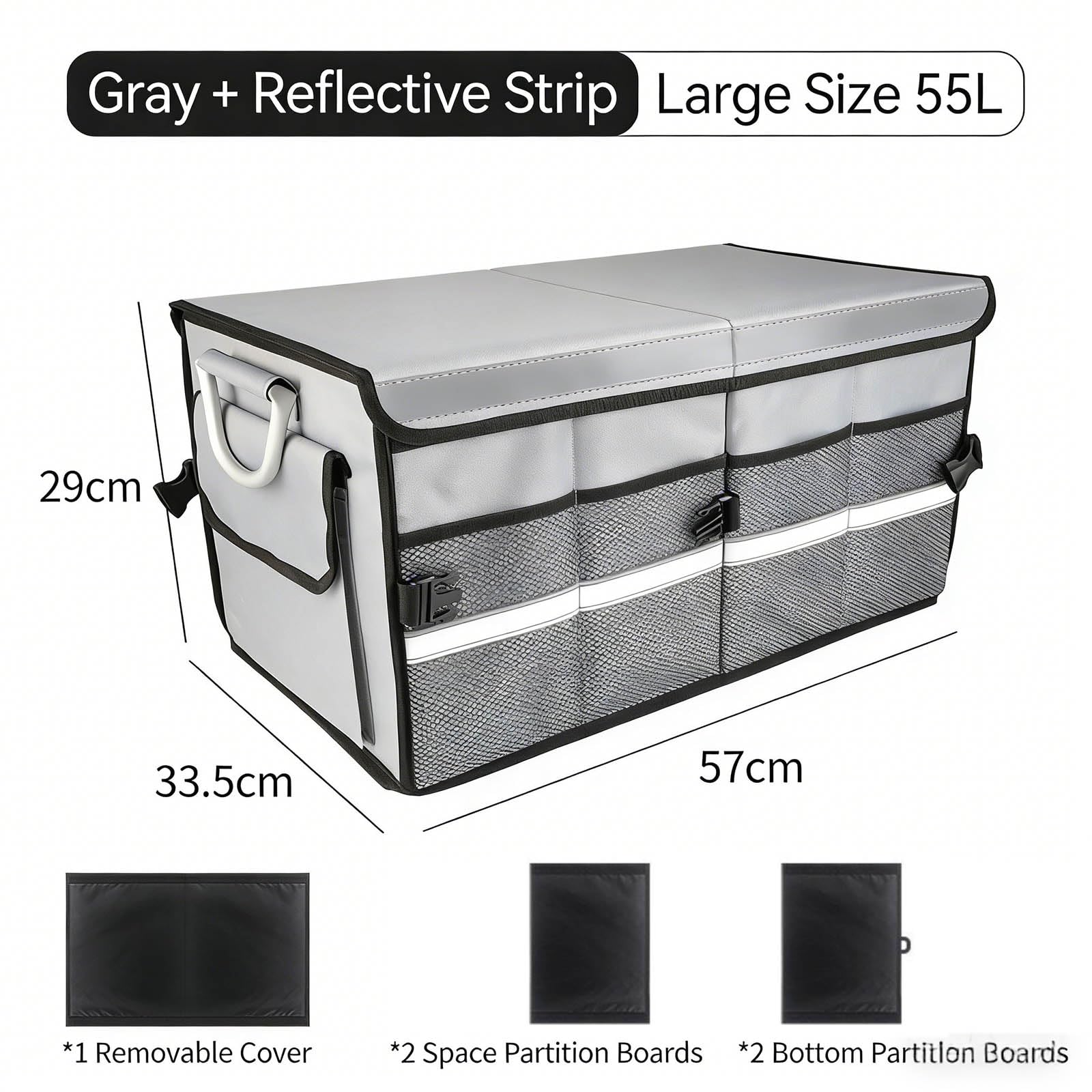 Organizer per Bagagliaio, Multi Scomparto Impermeabile Trunk Organizer Contenitore Pieghevole con Strisce Riflettenti Universali Accessori,Grey-55L Classic
