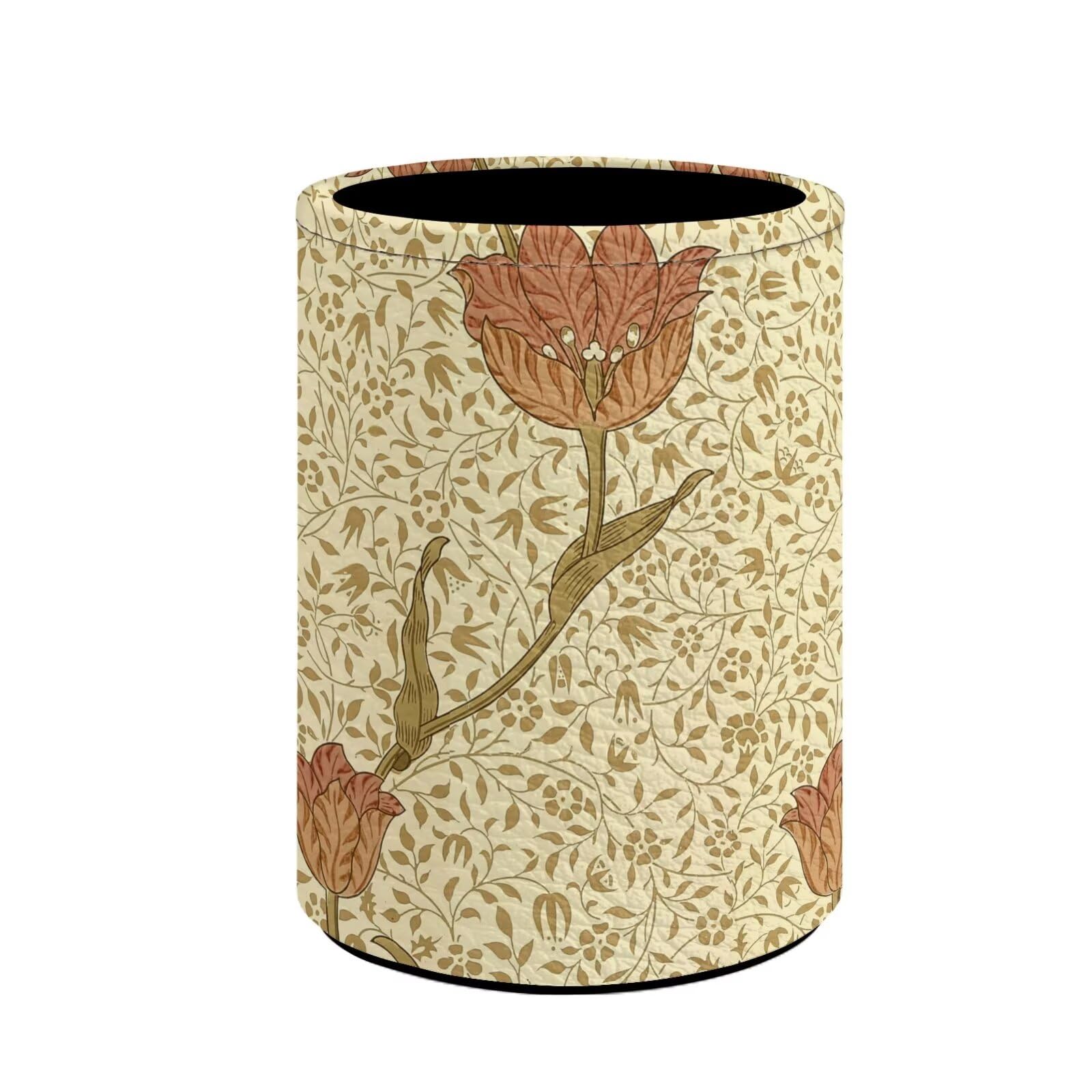 Buxolandt PU Leather Pencil Holder, Pen Holder Desk Organizer for Men Women, Writer, Makeup Brush Holder, Classroom, Home Office Desktop Decor Supplies, Simple Leaf Line Floral Print โ image 1
