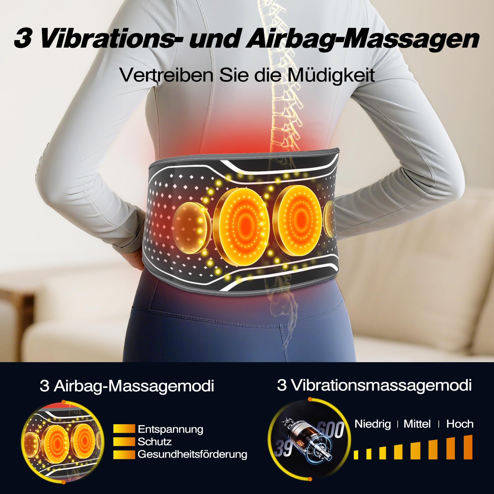 Kabelloser Wärme- und Massagegürtel für den Rücken, Heizkissen für Lendenwirbelsäule mit 3 Luftdruck-Massage Modi & 4 Wärmestufen, Linderung von Rückenschmerzen und Ischias, 4000 mAh Akku