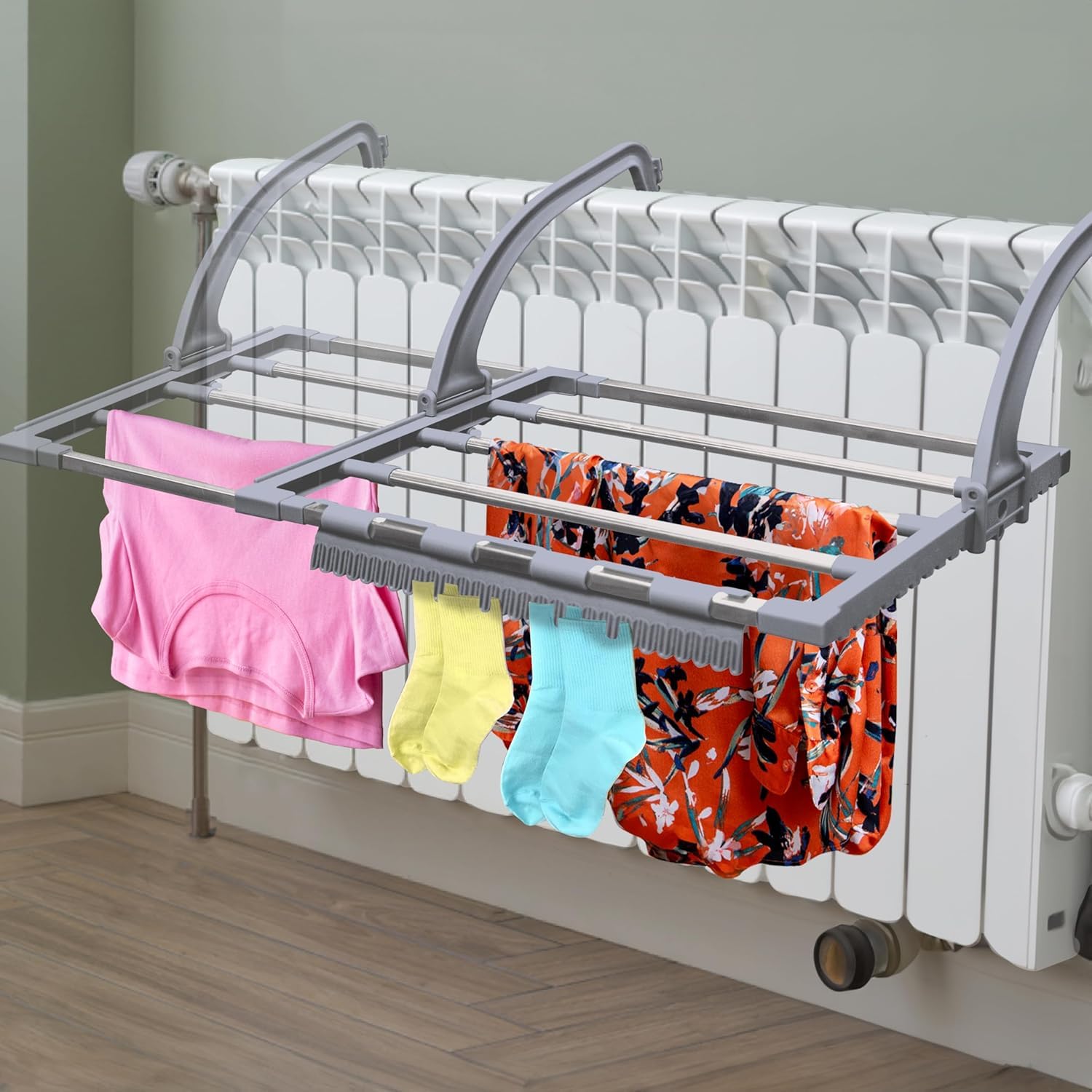 Episent Grey Extendable Radiator Airer Clothes Drying Rack, Adjustable Hanging Dryer For Indoor Laundry, Foldable Clothes Airer For Radiator, Towel Rail & Balcony Use (Grey)