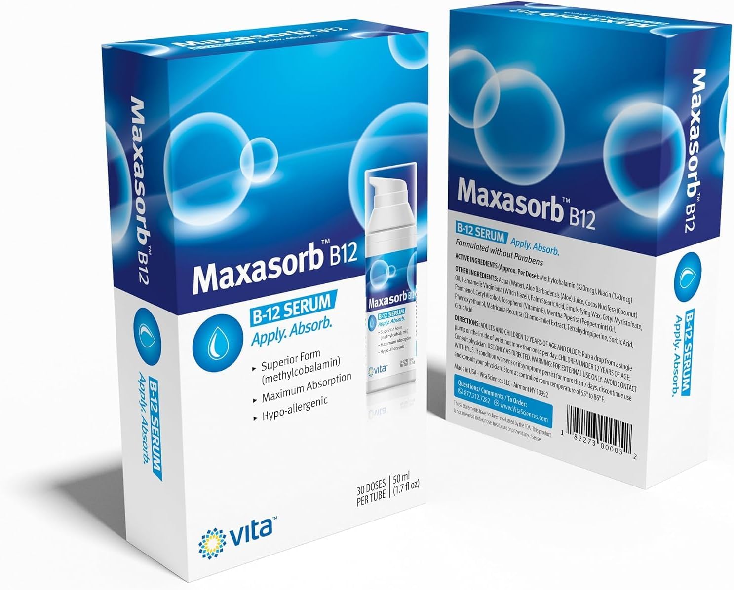 Vita Sciences Maxasorb B12 Vitamin B-12 Cream 1000 mcg: Powerful Topical Methylcobalamin for Energy, Health, and Glowing Skin - Pack of 6