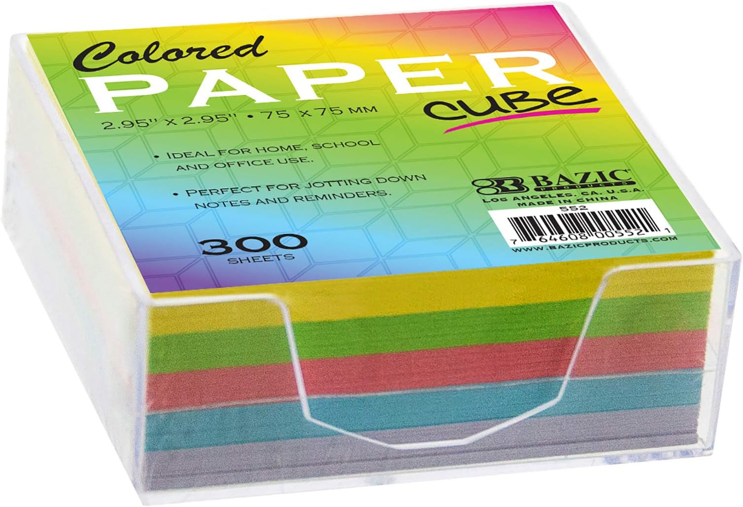BAZIC Color Paper Cube w/Durable Tray, 3" X 3" 300 Count/Pack, Mini Memo Papers Pads Note Paper Reminders (Non Sticky), Assorted Colors, 1-Pack