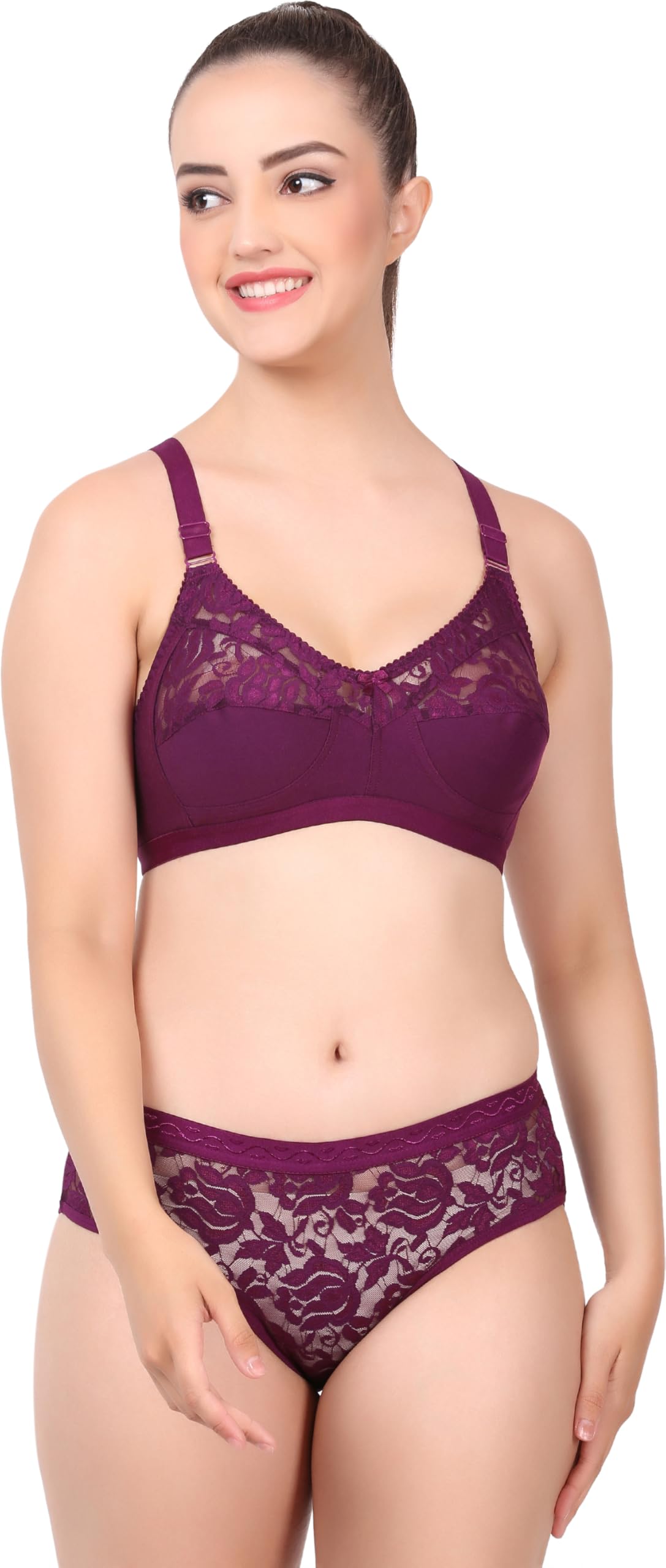 Women's Self Design Cotton Blend Deepika Wine Set Regular Bra & Panty Set-image-36