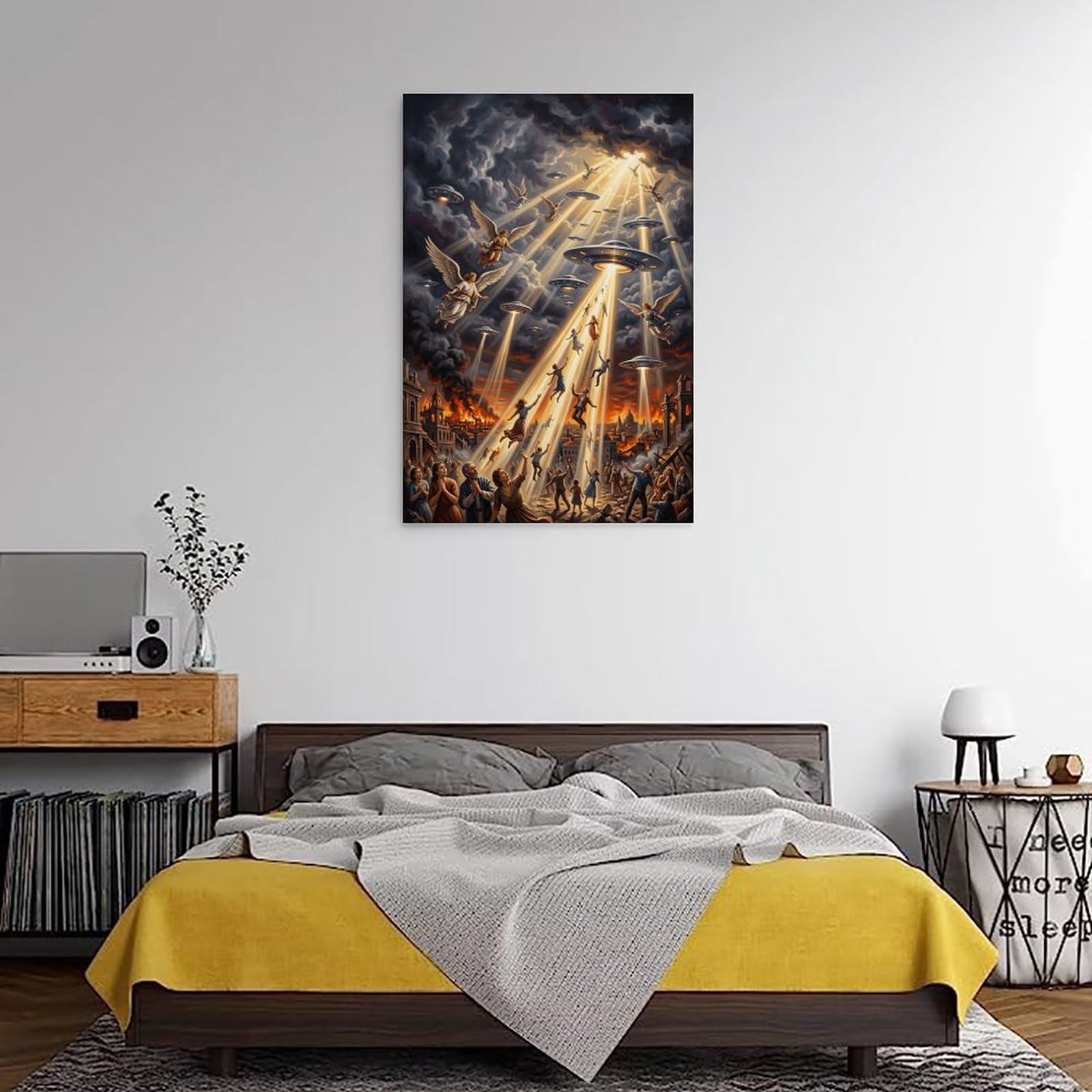 Poster apocalittico, stampa su tela con UFO religioso, angeli e alieni che raggiano persone, arte surreale di fantascienza, arte da parete per soggiorno, 40 x 60 cm