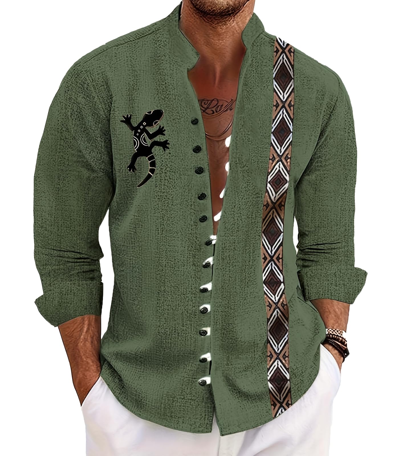INVACHI Men's Casual Long-Sleeved Shirt,Button Front,Geometric Print, Loose Retro Casual Stand Collar Shirt